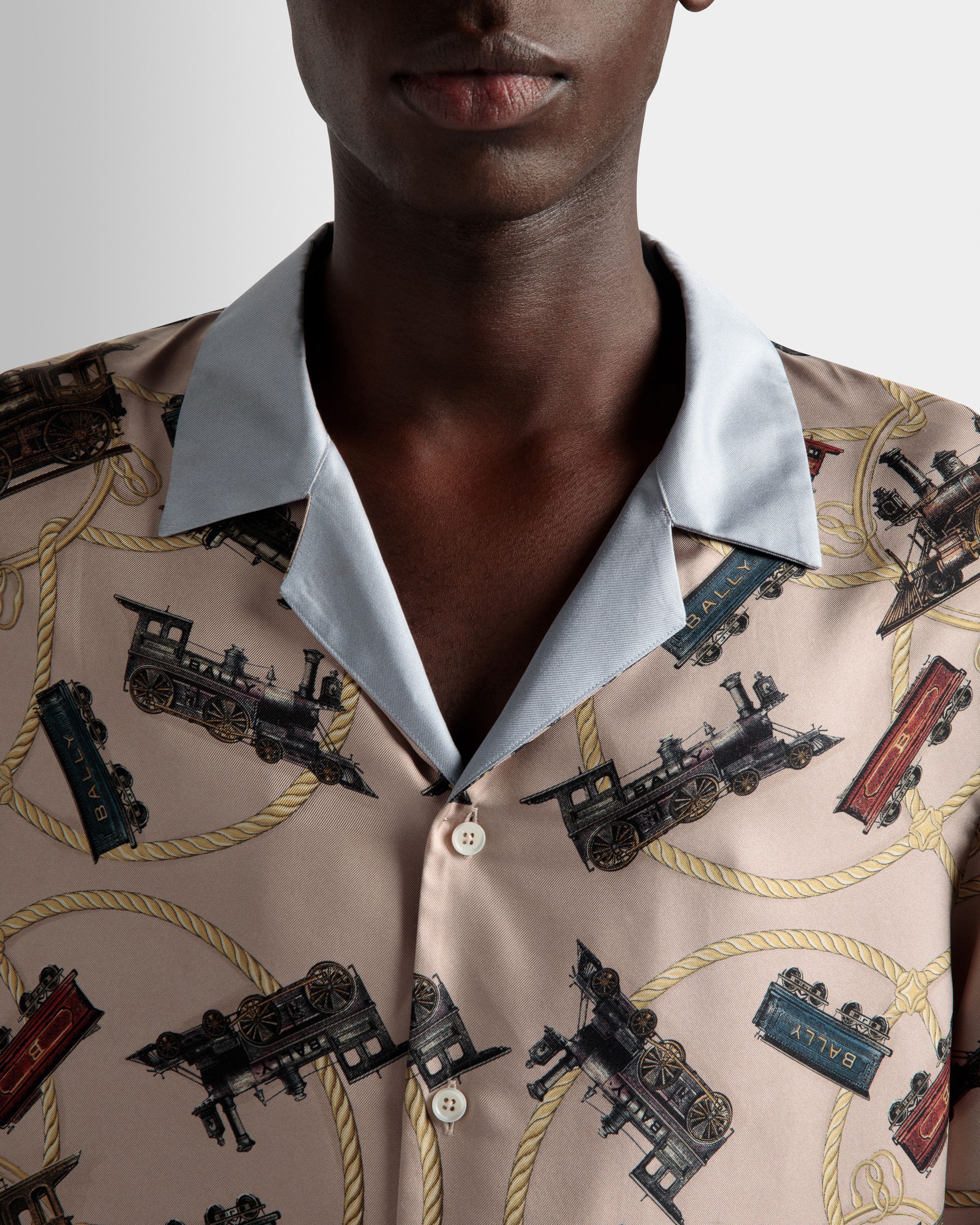 Train Print Camp Collar Shirt In Multicolor Silk - Men's - Bally - 04