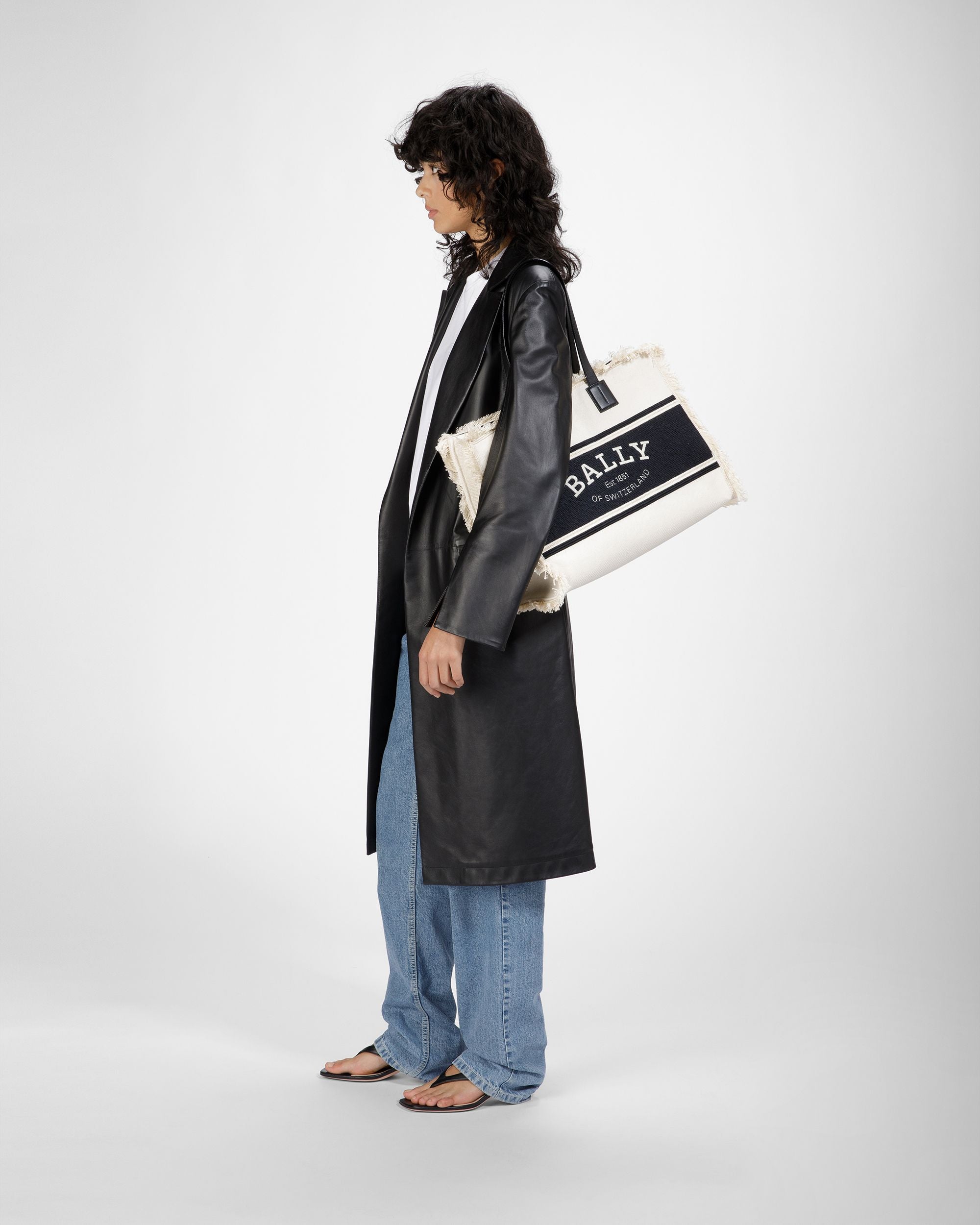 Crystalia Wide Canvas Tote In Natural And Black - Women's - Bally - 05