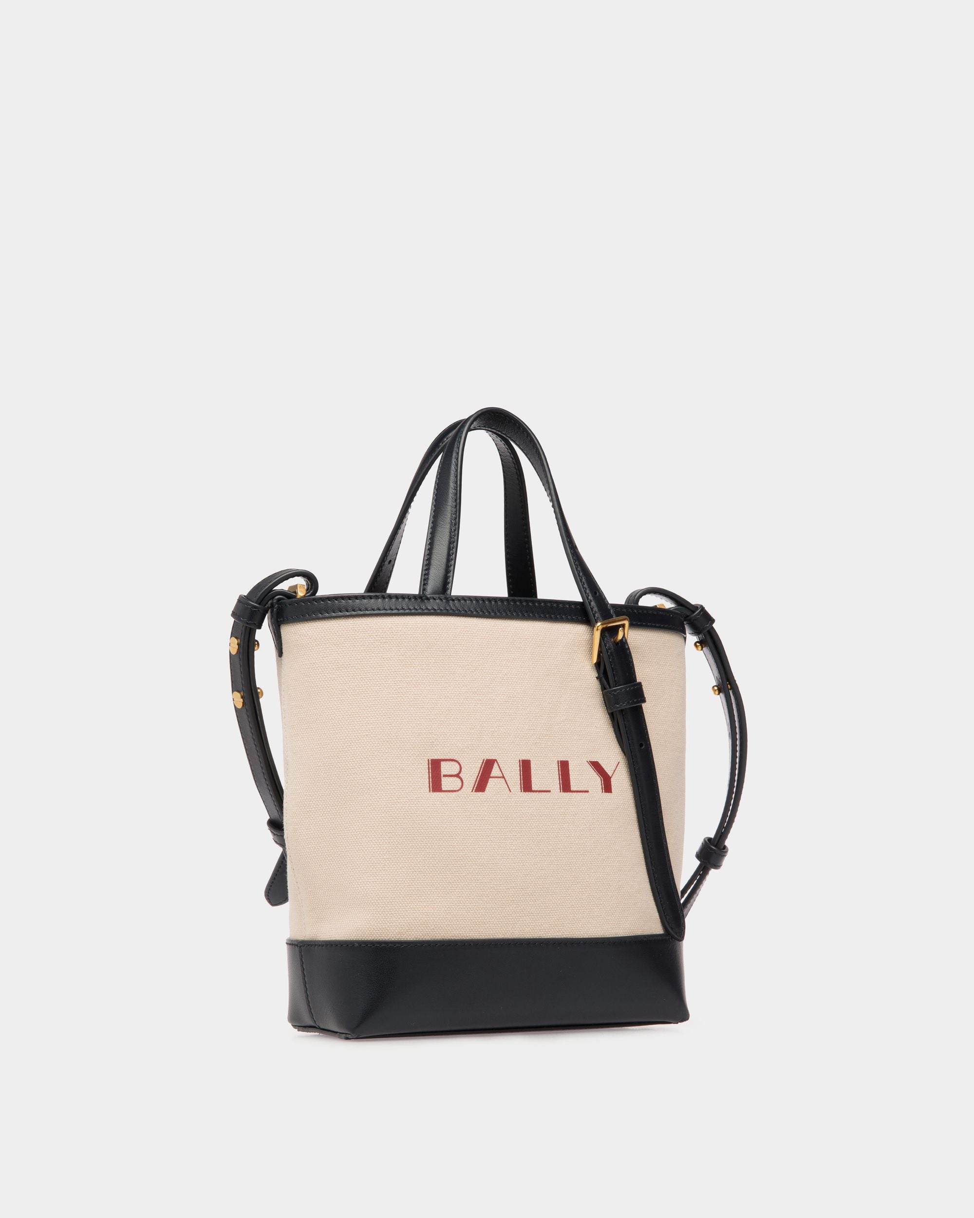 Summer Capsule Small Tote Bag In Natural And Navy Blue Canvas And Leather - Women's - Bally - 03