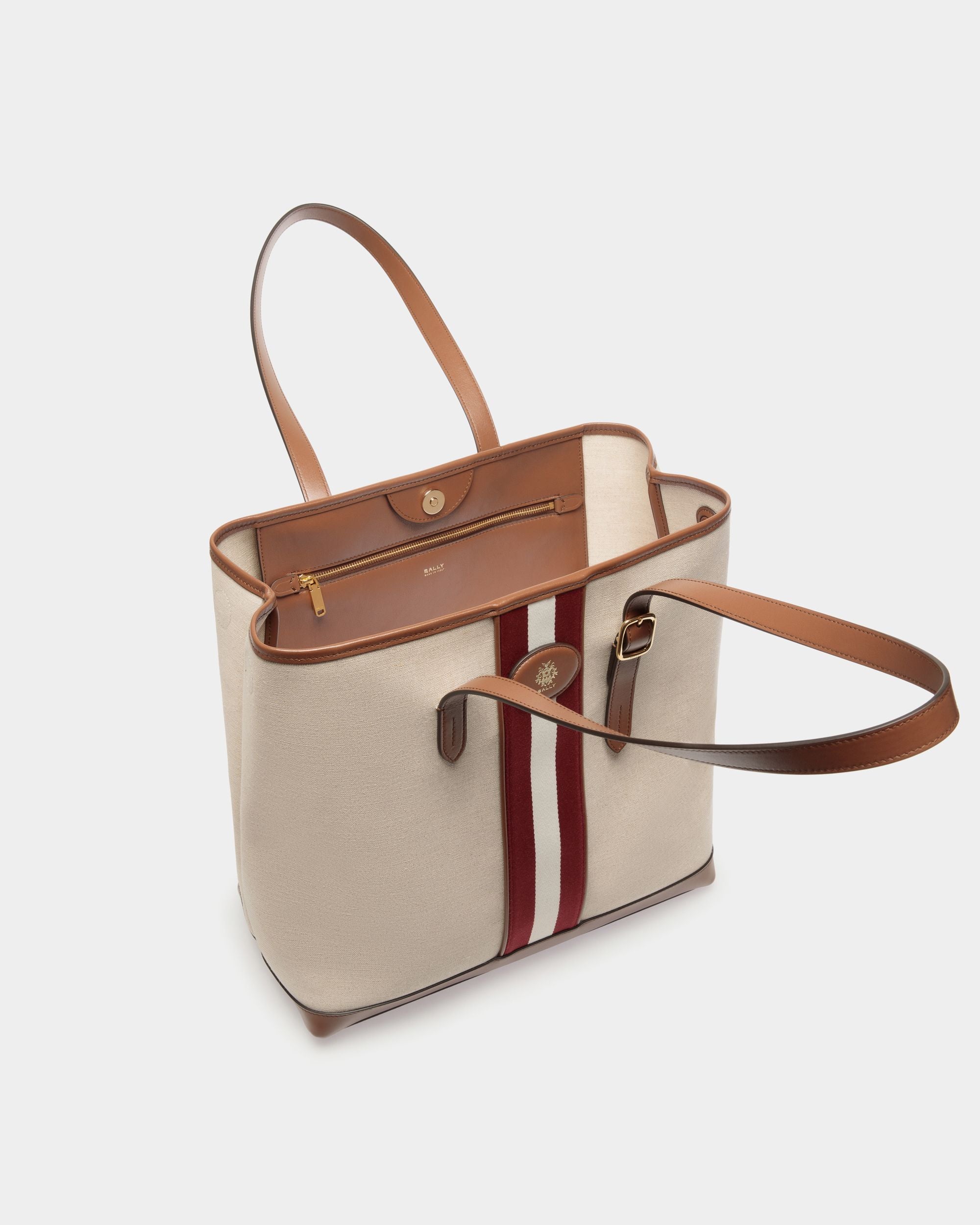 Beckett Tote Bag in Natural Canvas and Brown Leather - Femme - Bally - 04