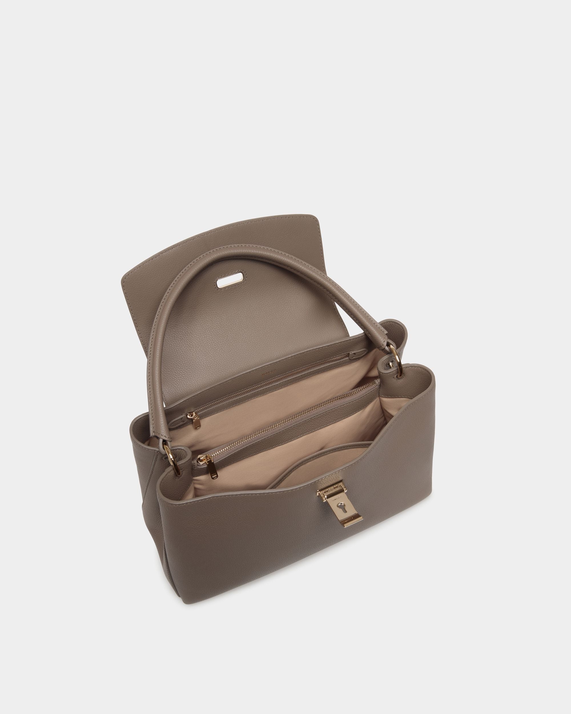Sac À Anse Supérieure Lock Me En Cuir Grainé Taupe - Femme - Bally - 05