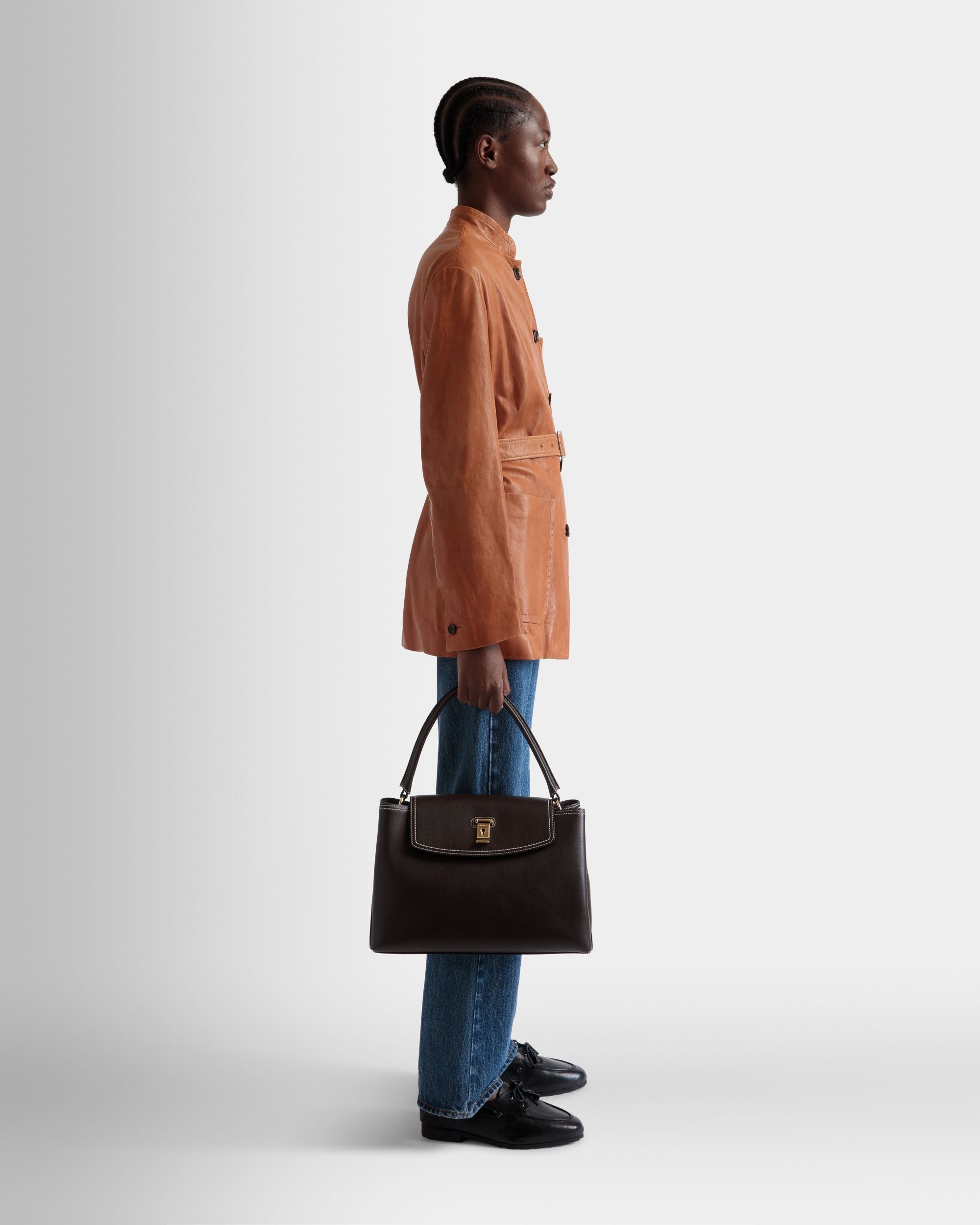 Lock Me Top Handle Bag in Ebano Leather - Women's - Bally - 02
