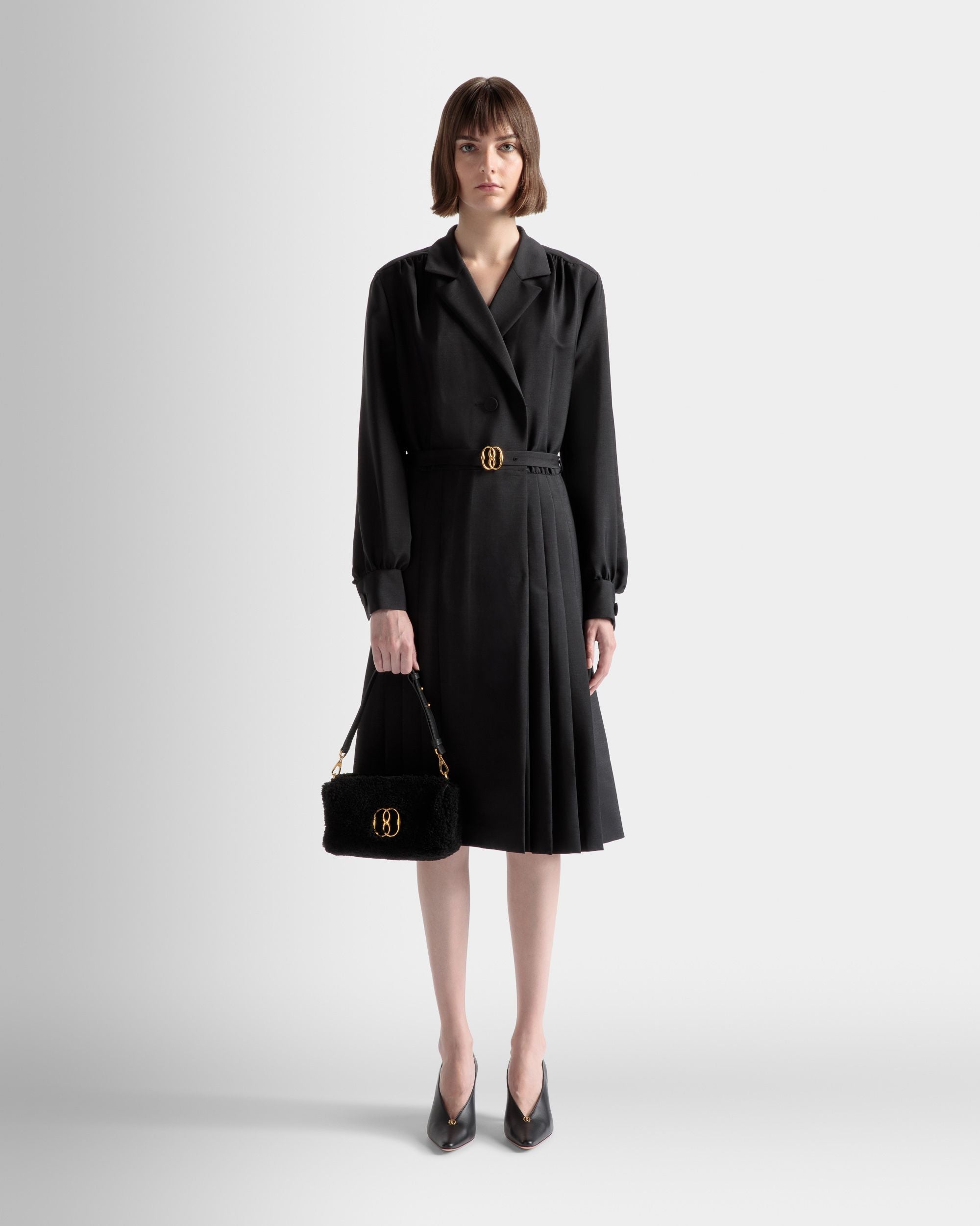 Emblem Belted Dress In Black Mohair Wool Mix - Women's - Bally - 02