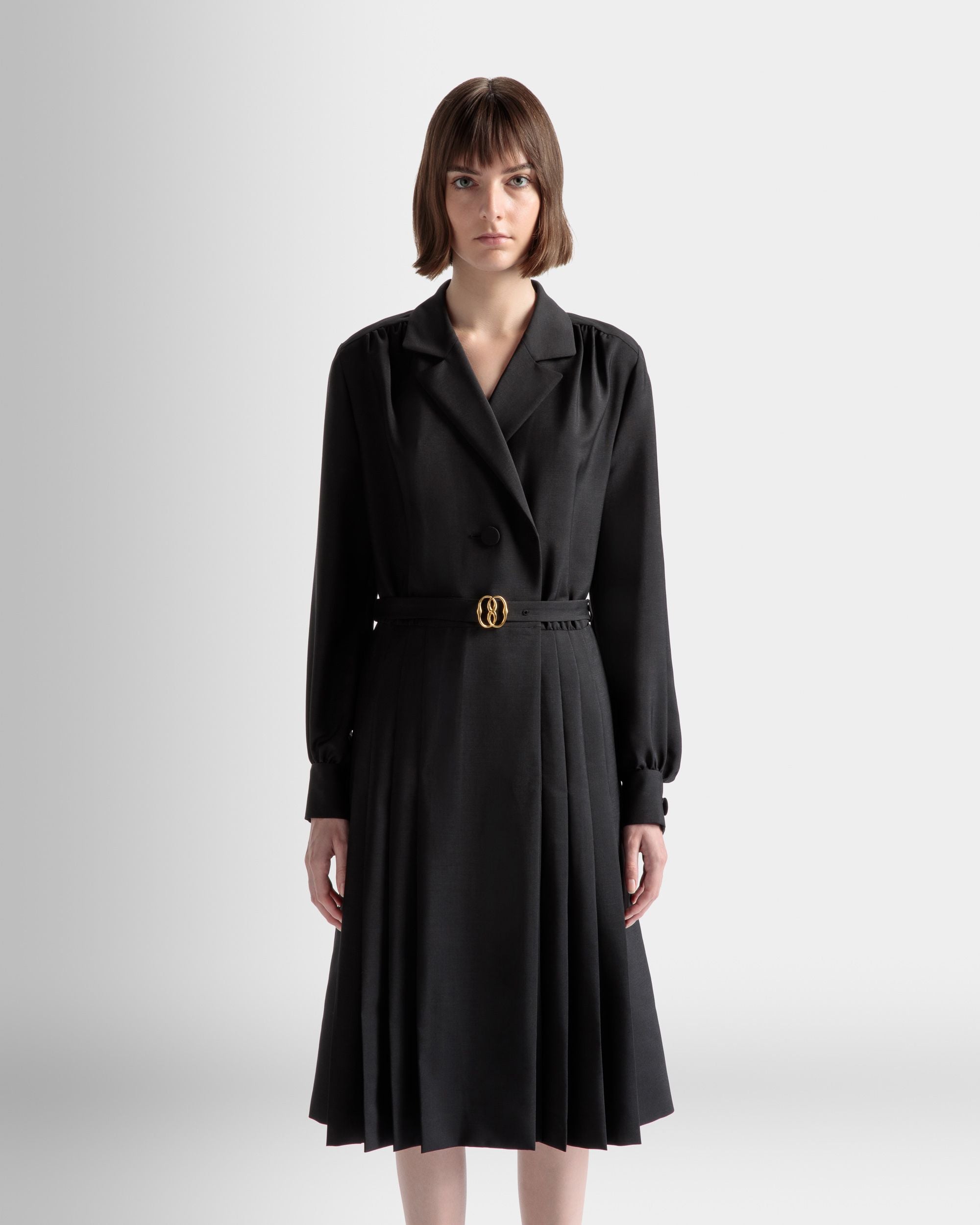 Emblem Belted Dress In Black Mohair Wool Mix - Women's - Bally - 03