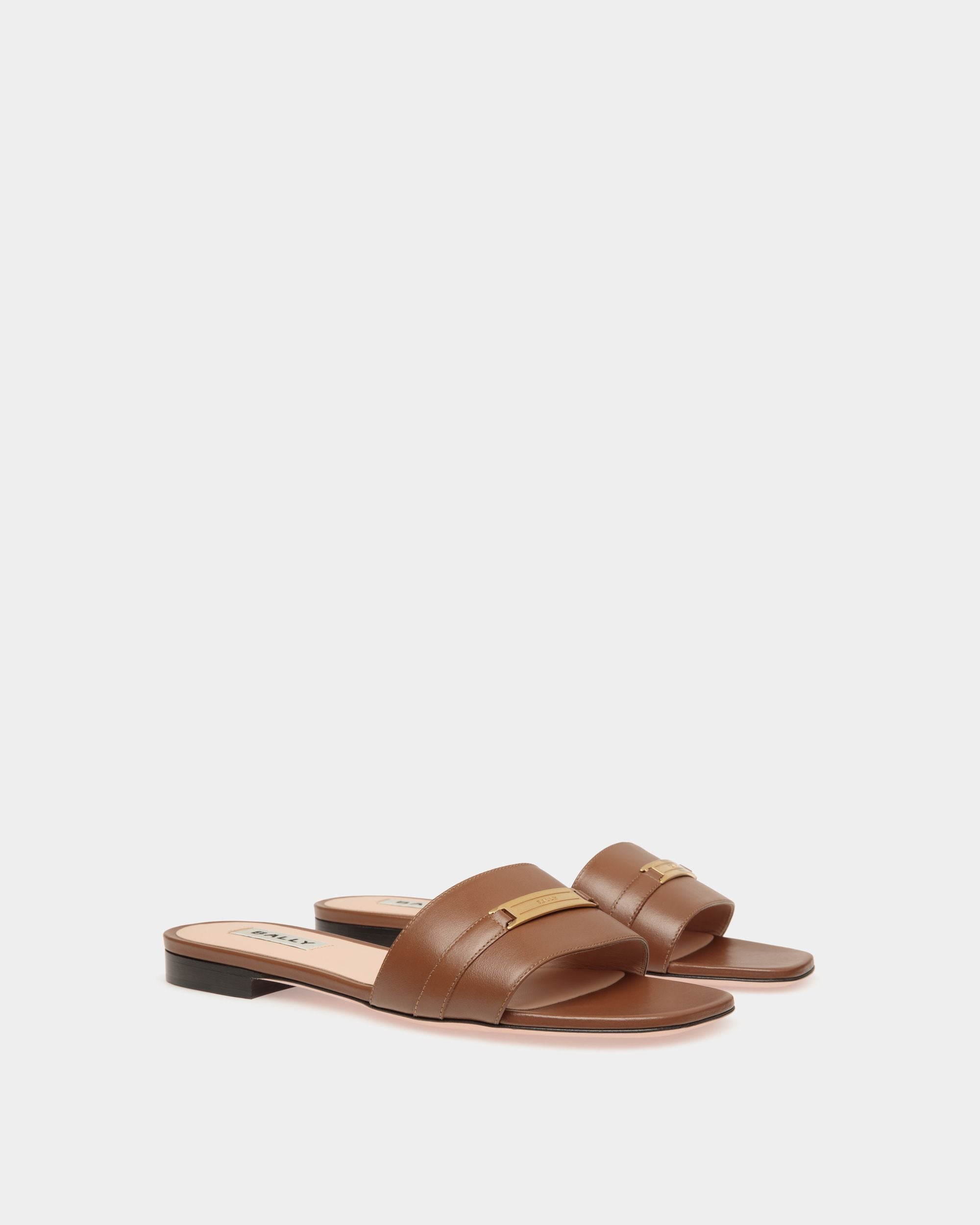 Sandale À Talon Plat Deco En Cuir Marron - Femme - Bally - 03
