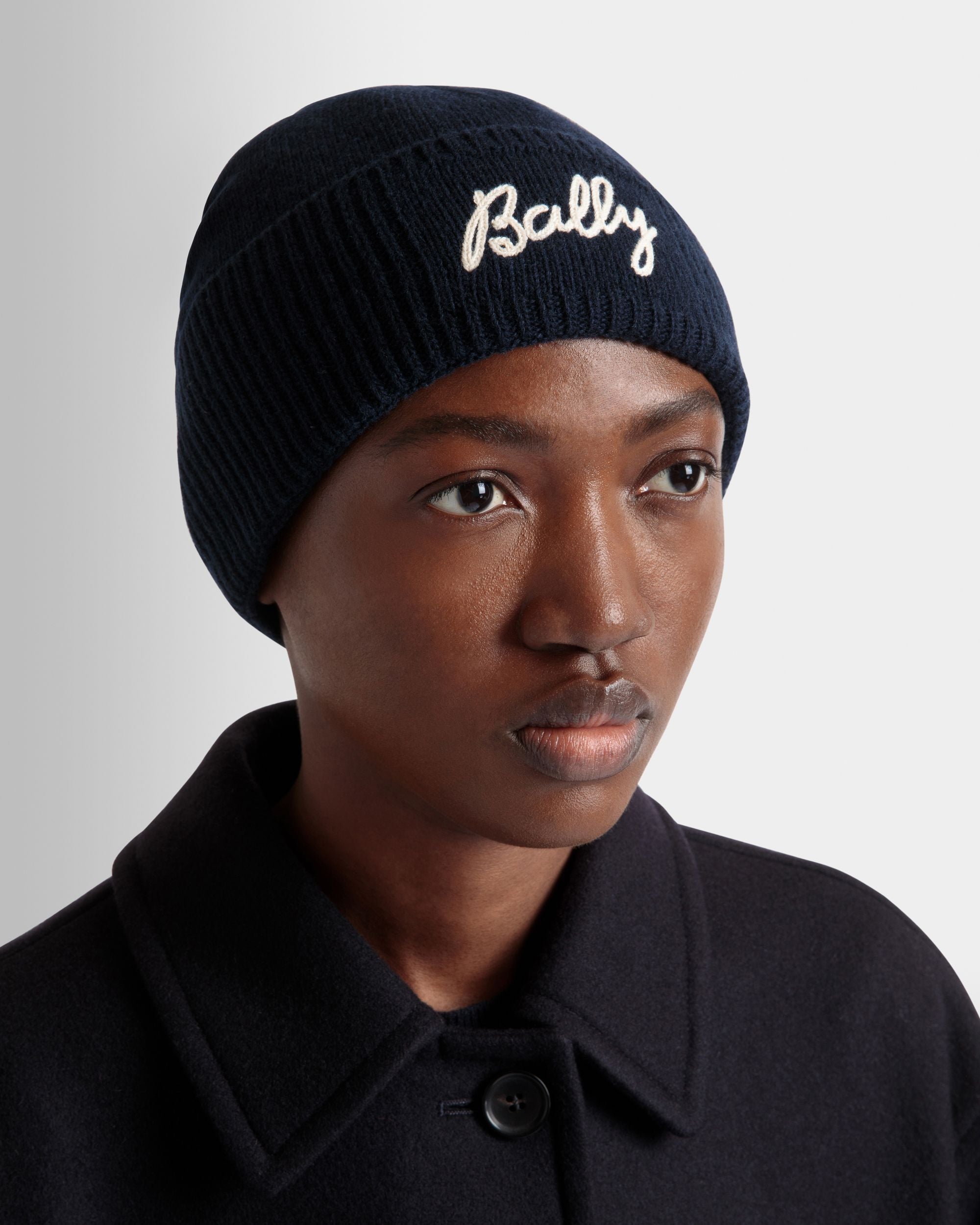 Bonnet Avec Logo En Laine Navy Blue - Femme - Bally - 02
