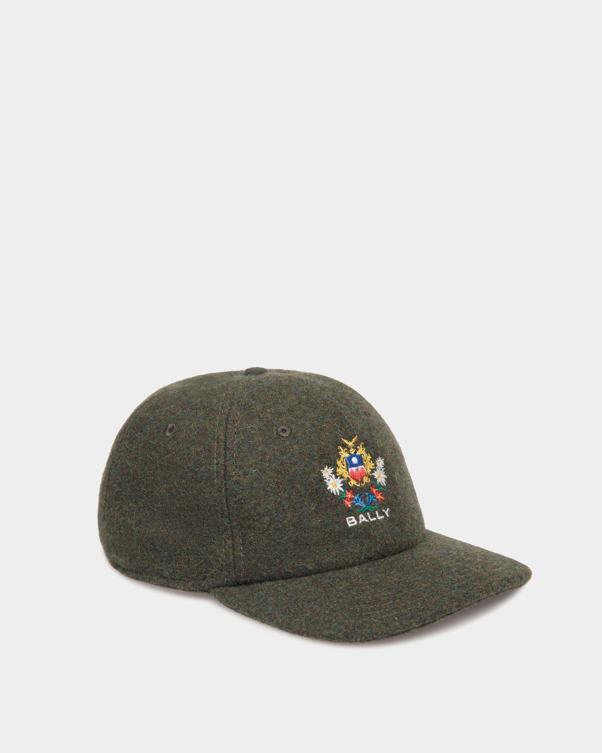 Casquette De Baseball De La Capsule D'hiver En Laine Vert Foncé Ornée De Fleurs Des Alpes - Femme - Bally - 01