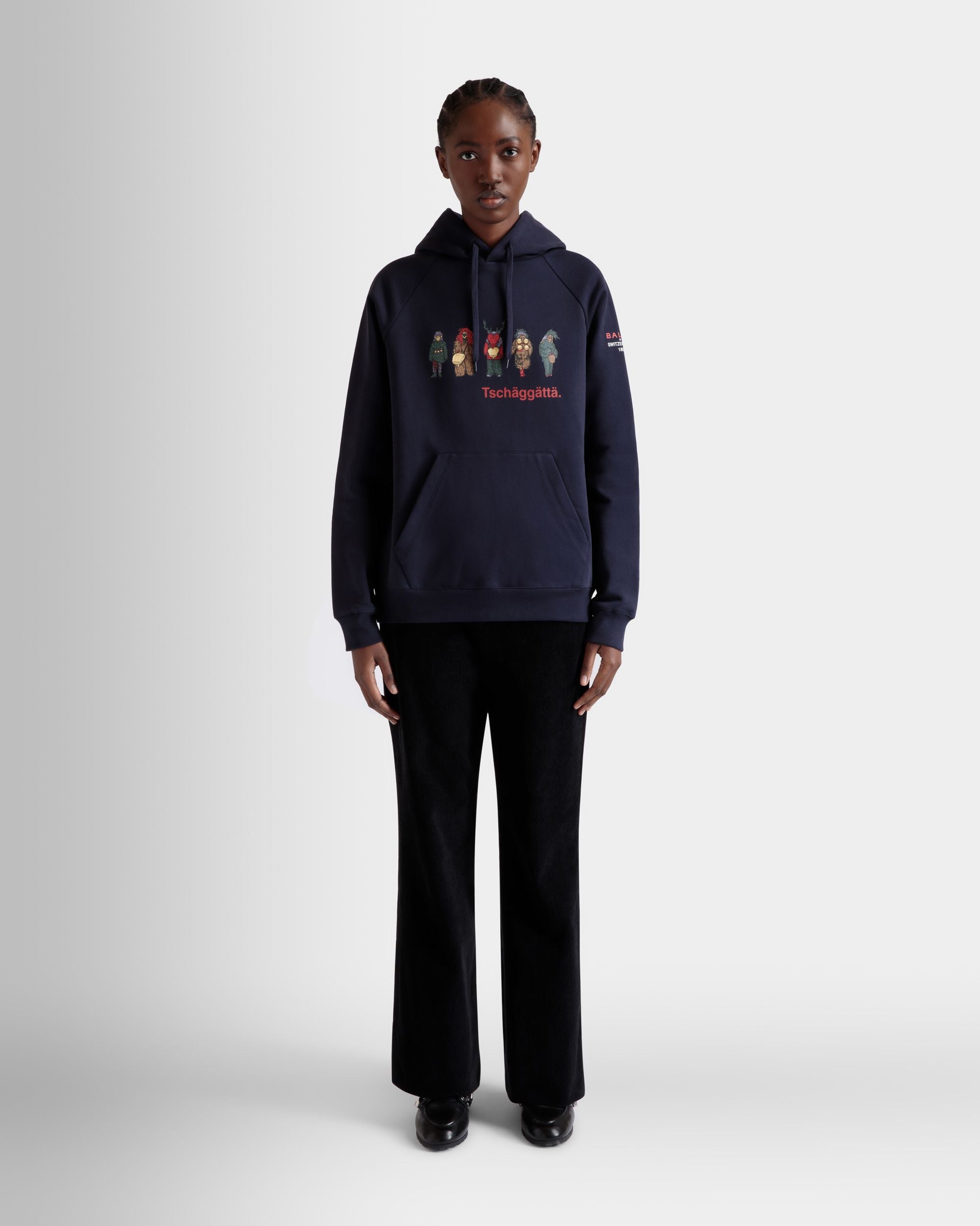 Hoodie with Forest Mask Print In Navy Blue Cotton - Femme - Bally - 02