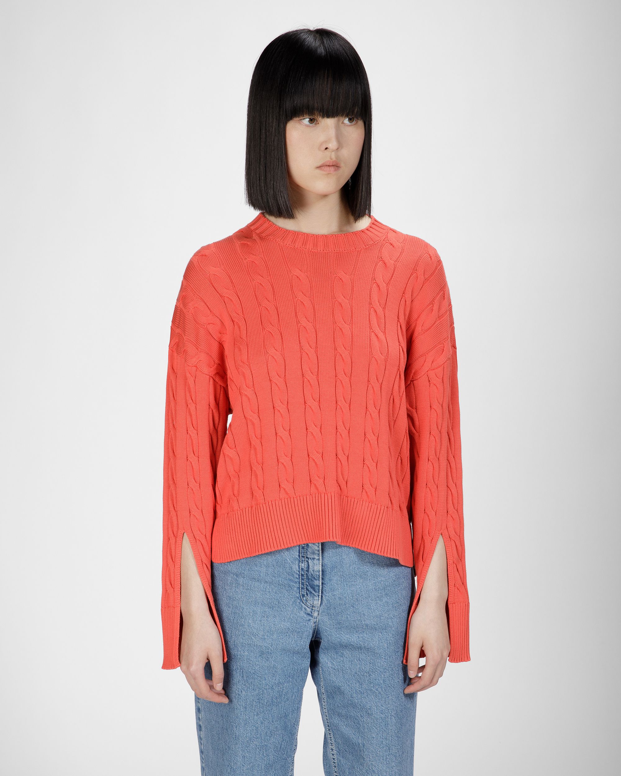 Baumwoll-Rundhalspullover Mit Zopfmuster In Orange - Damen - Bally - 01