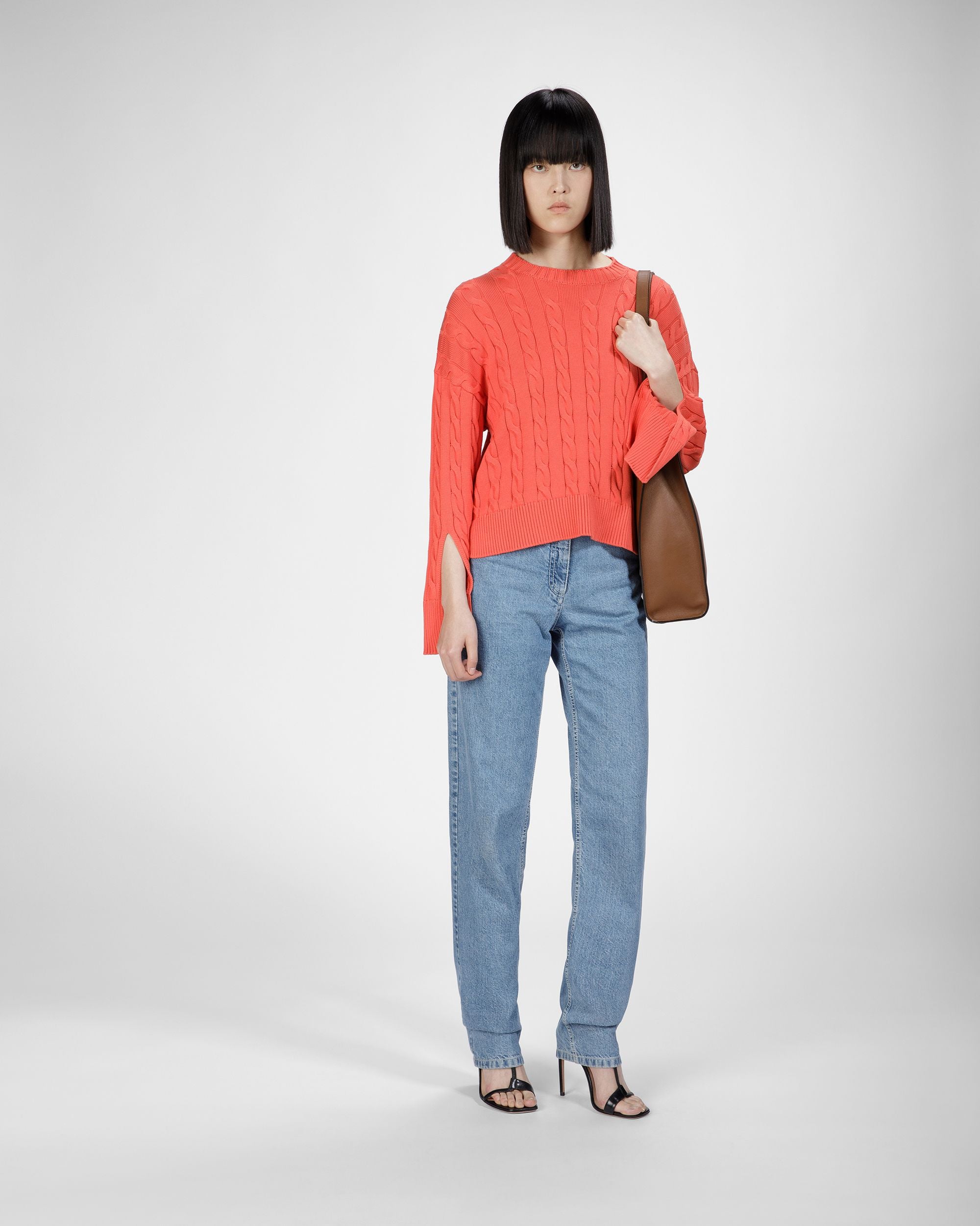 Baumwoll-Rundhalspullover Mit Zopfmuster In Orange - Damen - Bally - 04