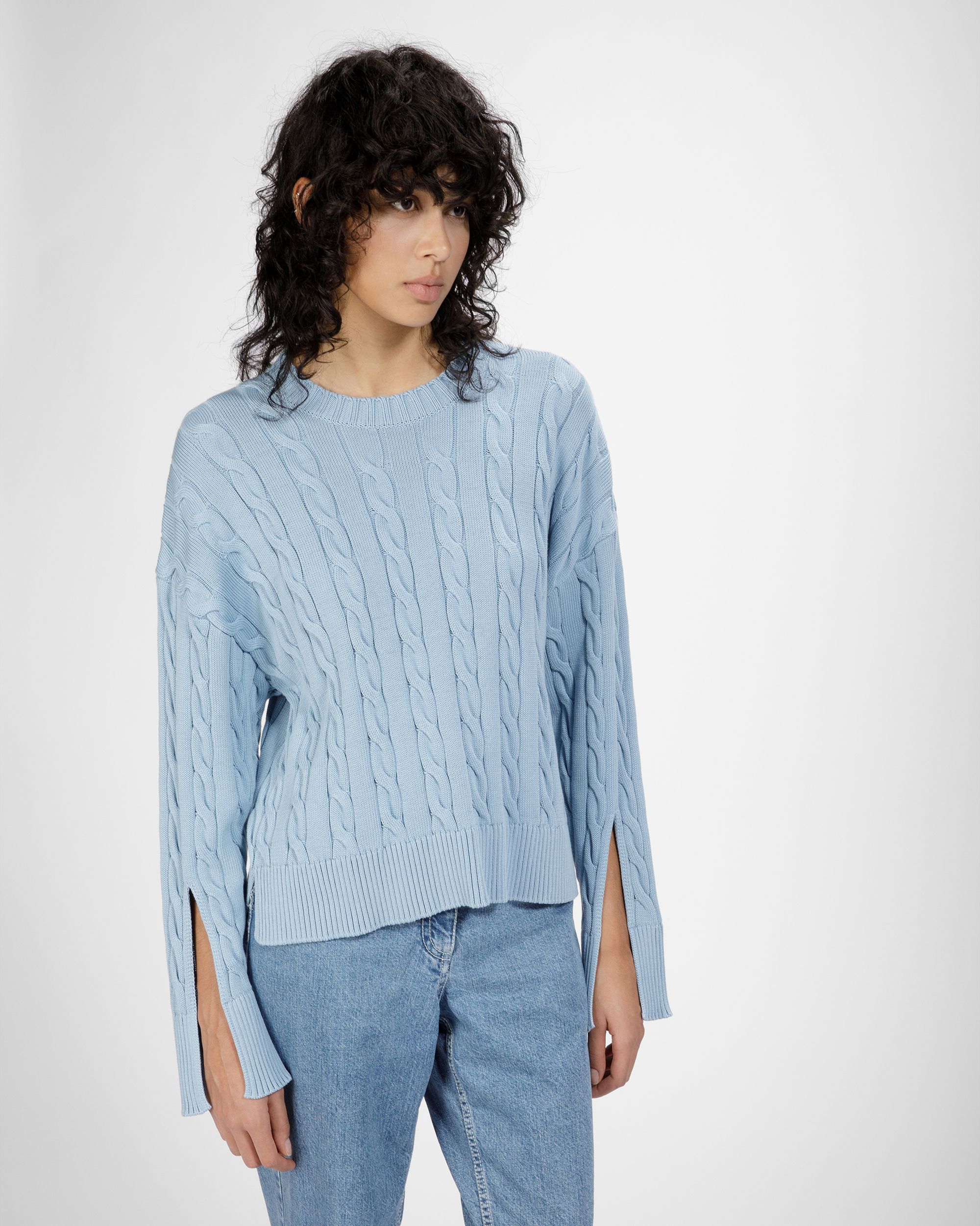 Baumwoll-Rundhalspullover Mit Zopfmuster In Hellblau - Damen - Bally - 01