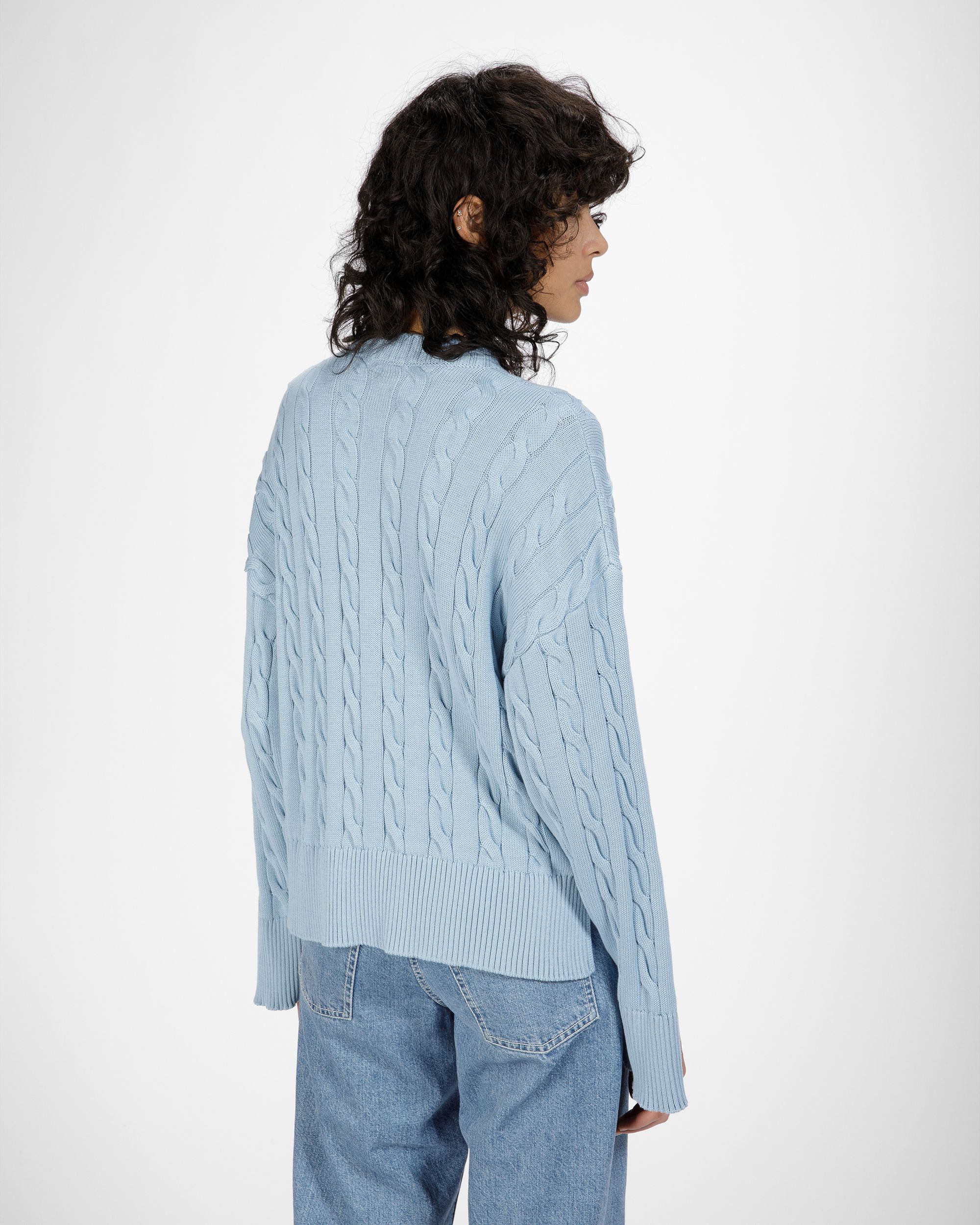 Baumwoll-Rundhalspullover Mit Zopfmuster In Hellblau - Damen - Bally - 02