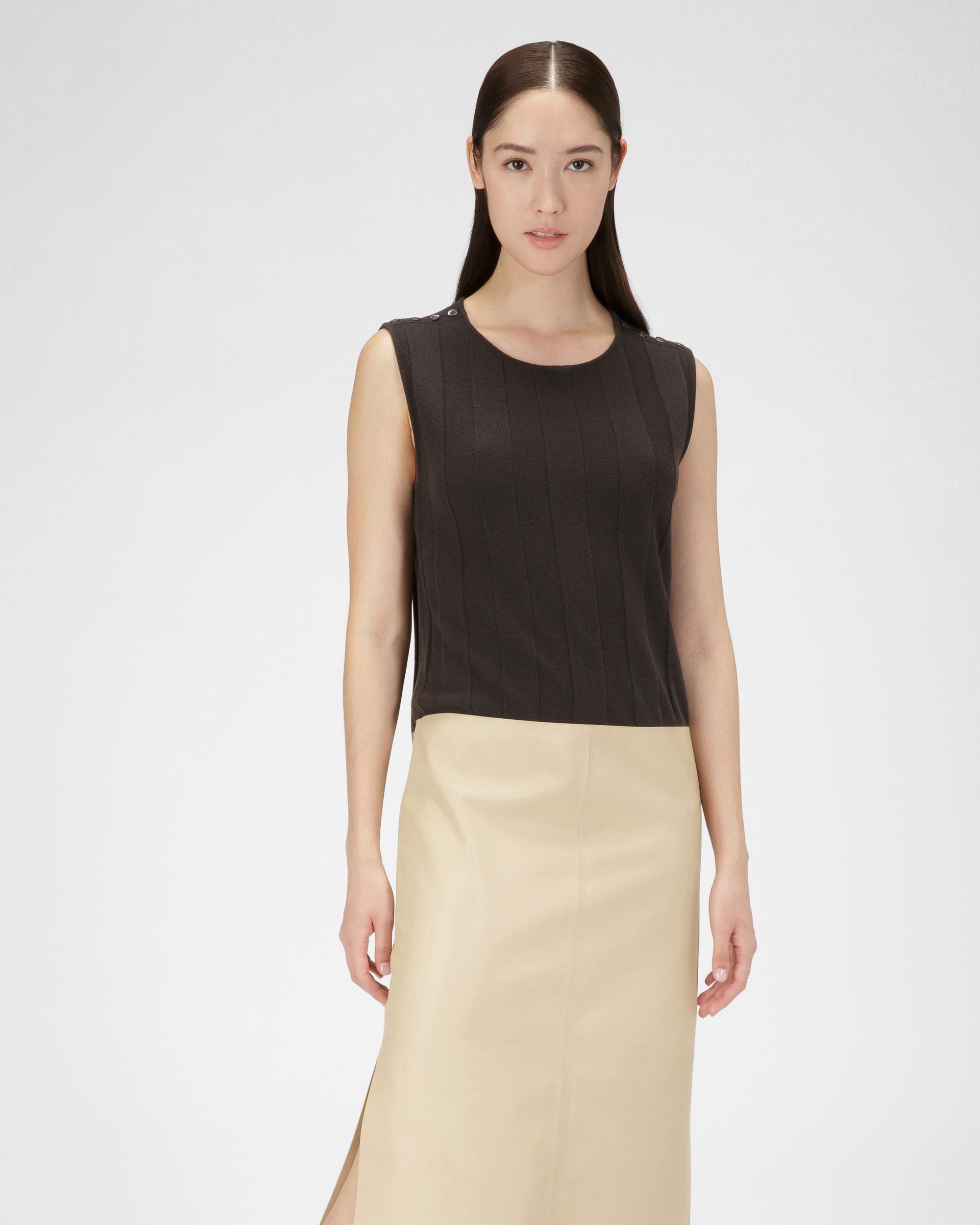 Robe En Laine Et Cuir Vert Militaire Et Beige - Femme - Bally - 01
