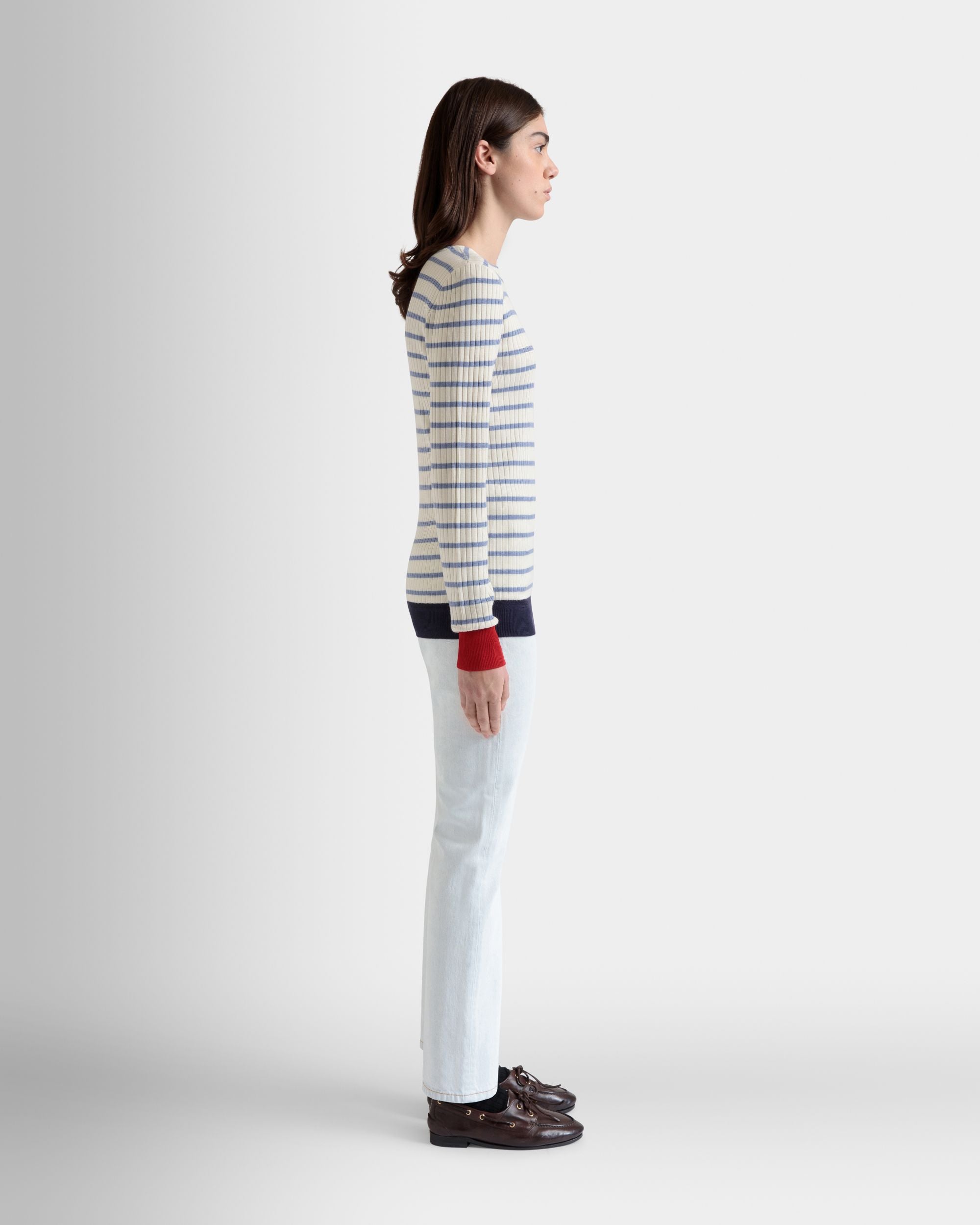 Camiseta De Manga Larga De Mezcla De Lana Marfil Y Light Blue - Mujer - Bally - 05