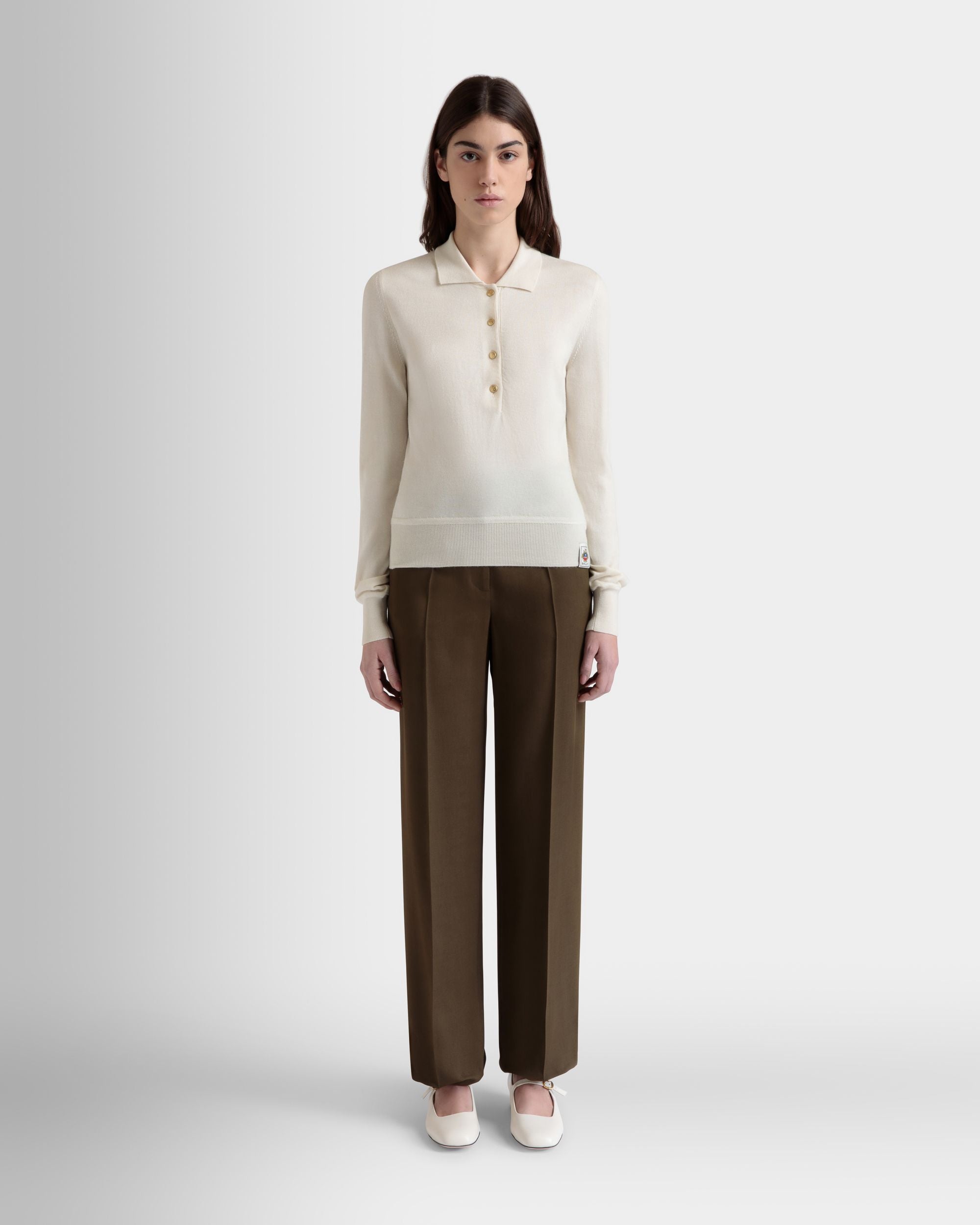 Langarm-Poloshirt Aus Elfenbeinfarbenem Kaschmir-Seiden-Mix - Damen - Bally - 02