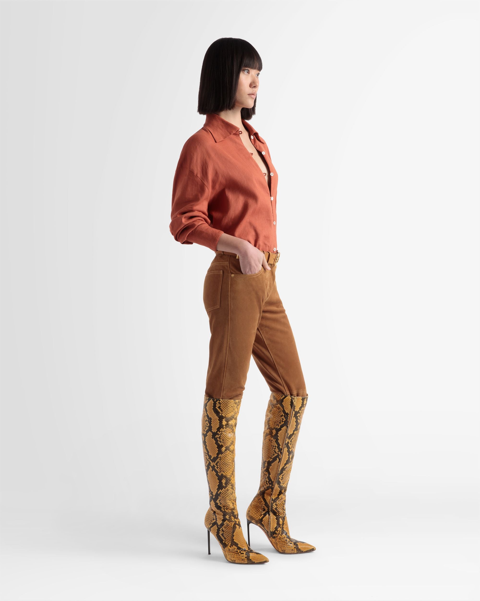 Pantalon En Cuir Jambe Droite De Couleur Désert - Femme - Bally - 03