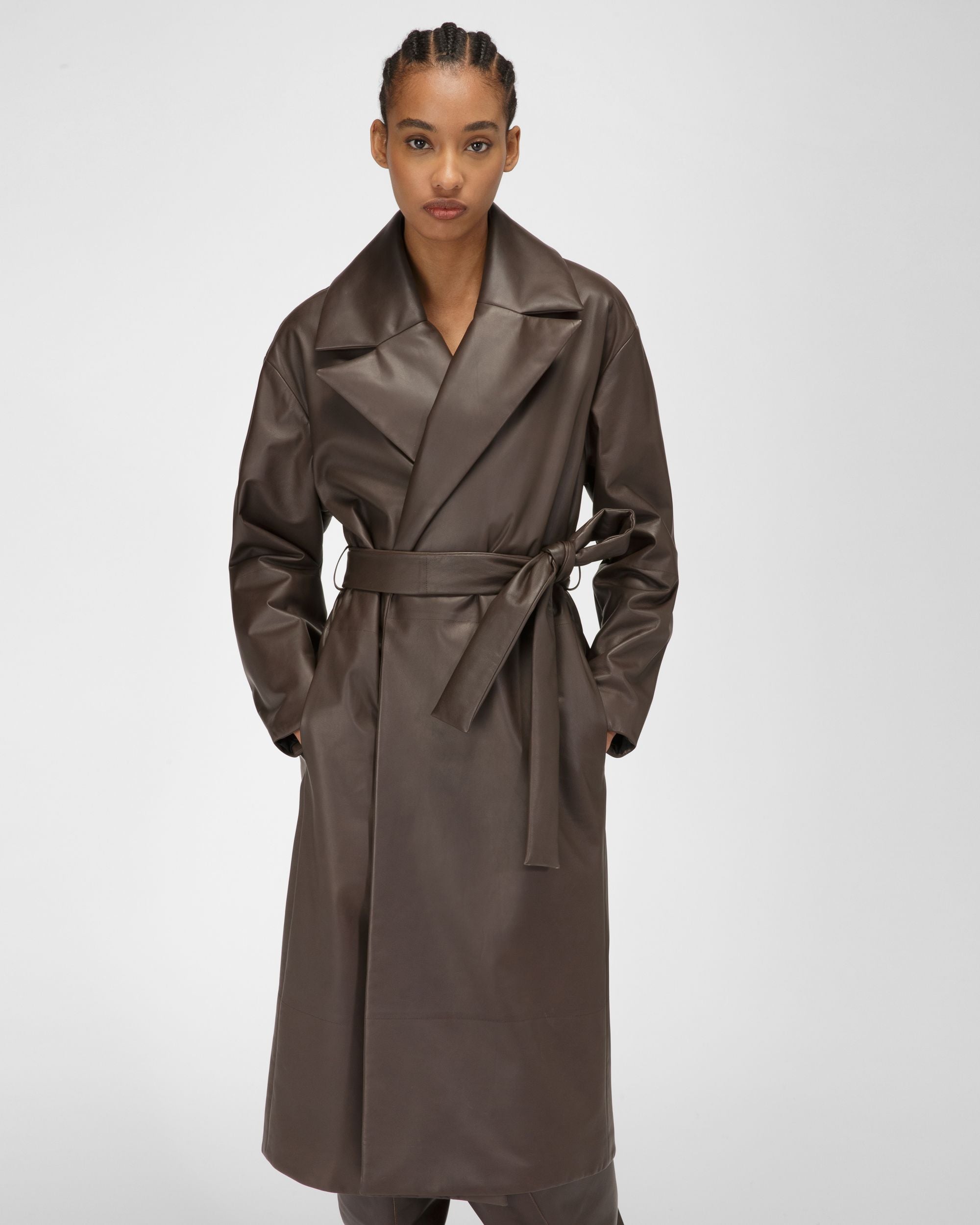 Manteau En Cuir Brun Ébène - Femme - Bally - 01
