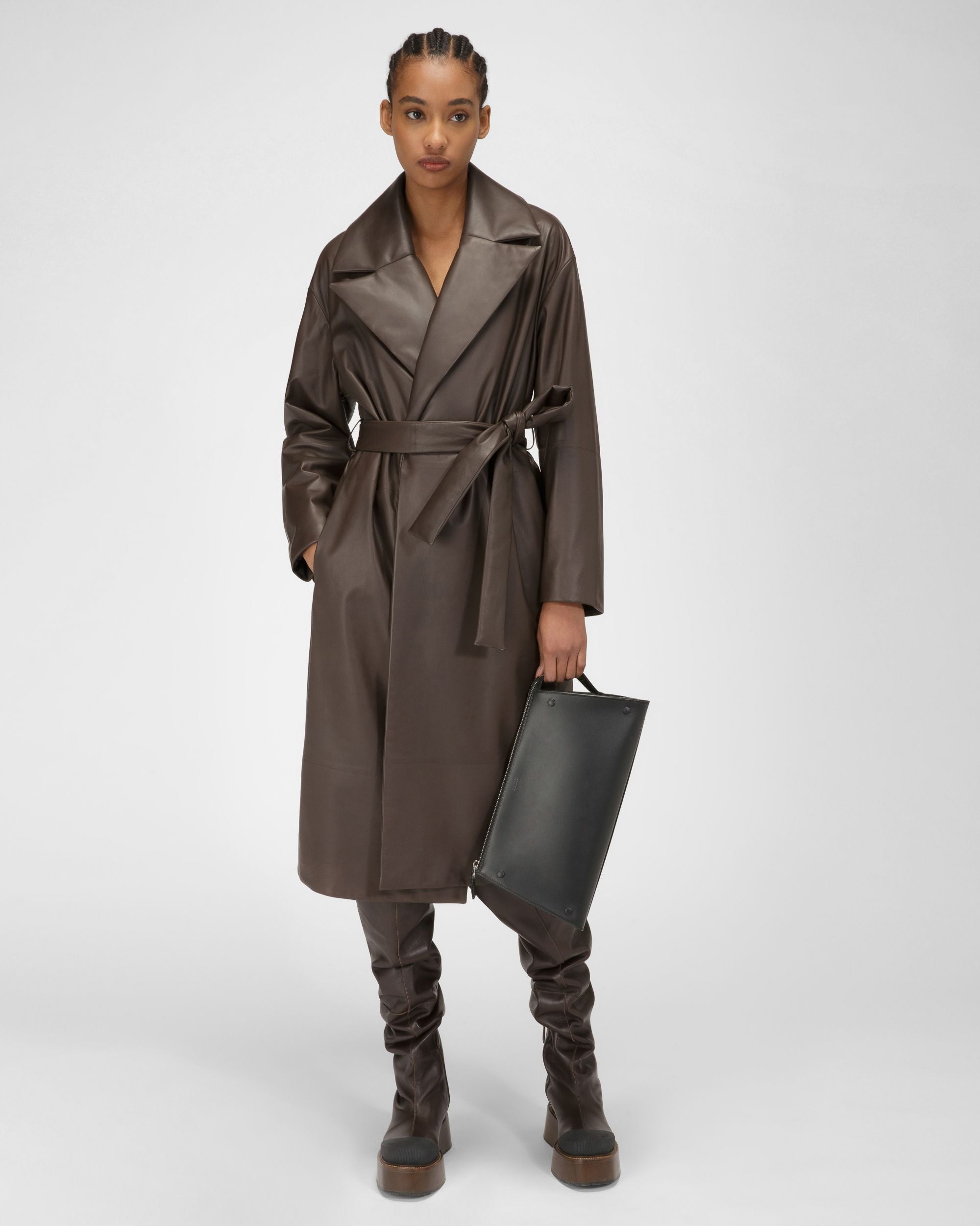 Manteau En Cuir Brun Ébène - Femme - Bally - 05
