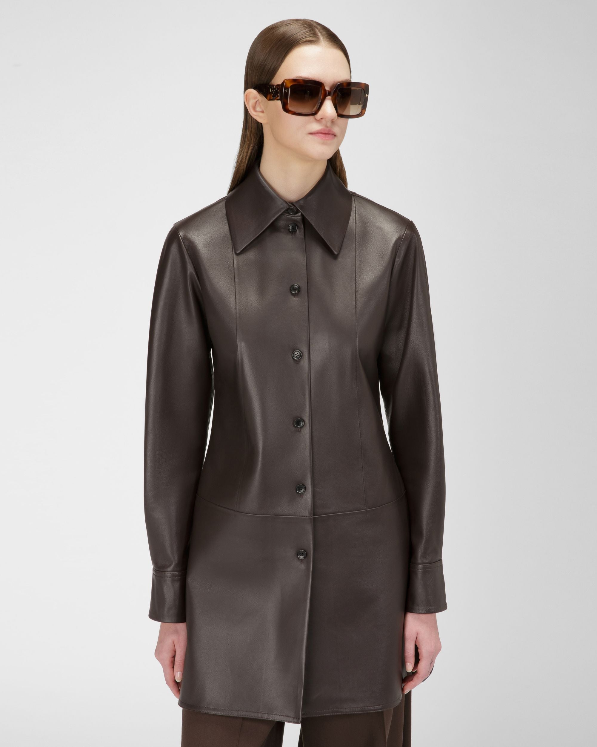 Leather Shirt In Ebony Brown - Women's - Bally - 01