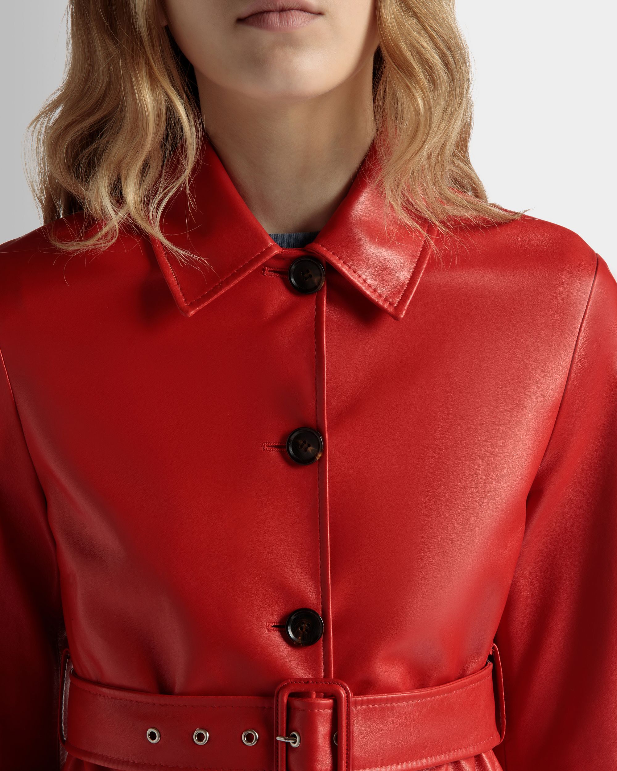 Belted Midi Coat in Candy Red Leather - Women's - Bally - 04
