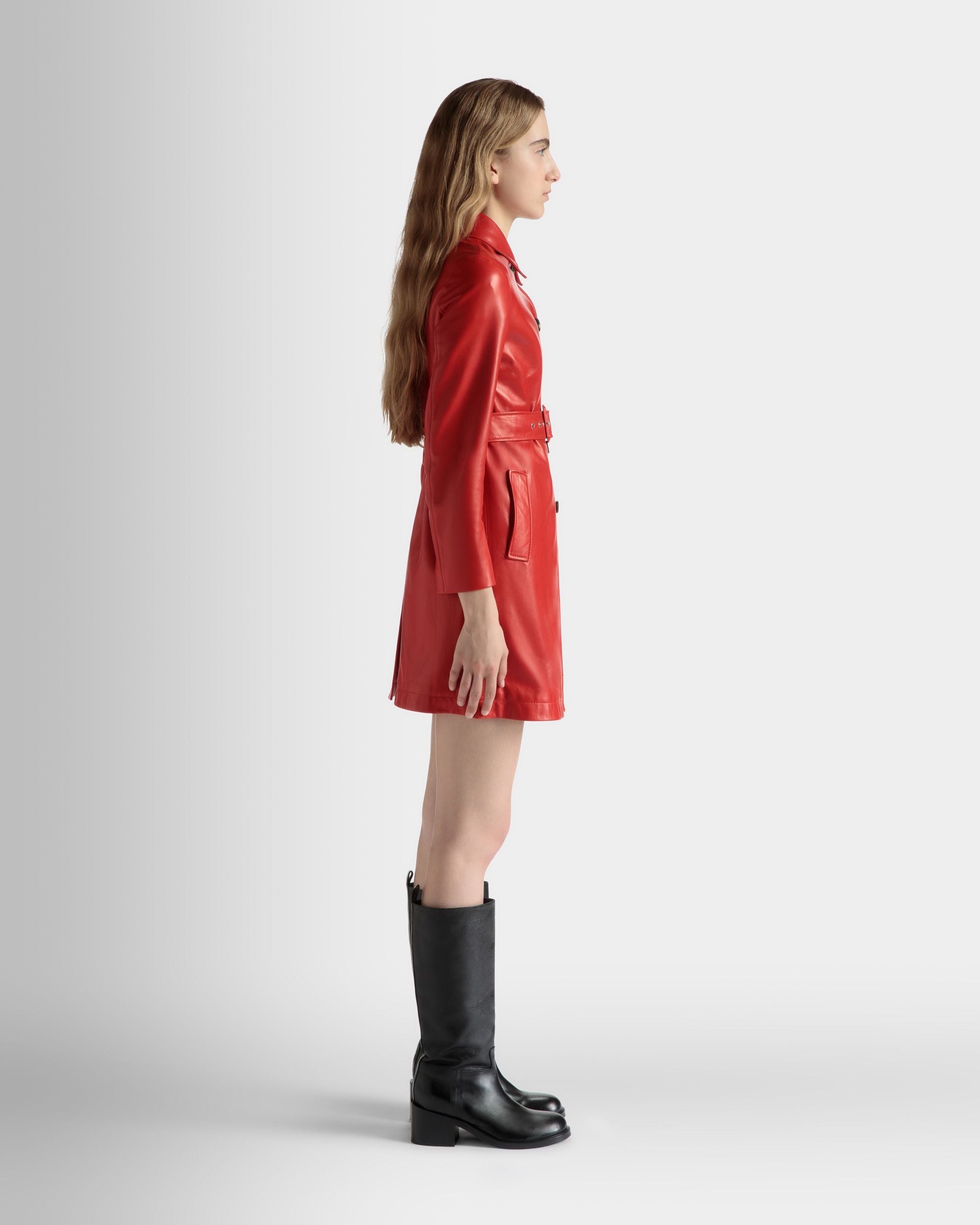 Belted Midi Coat in Candy Red Leather - Women's - Bally - 05