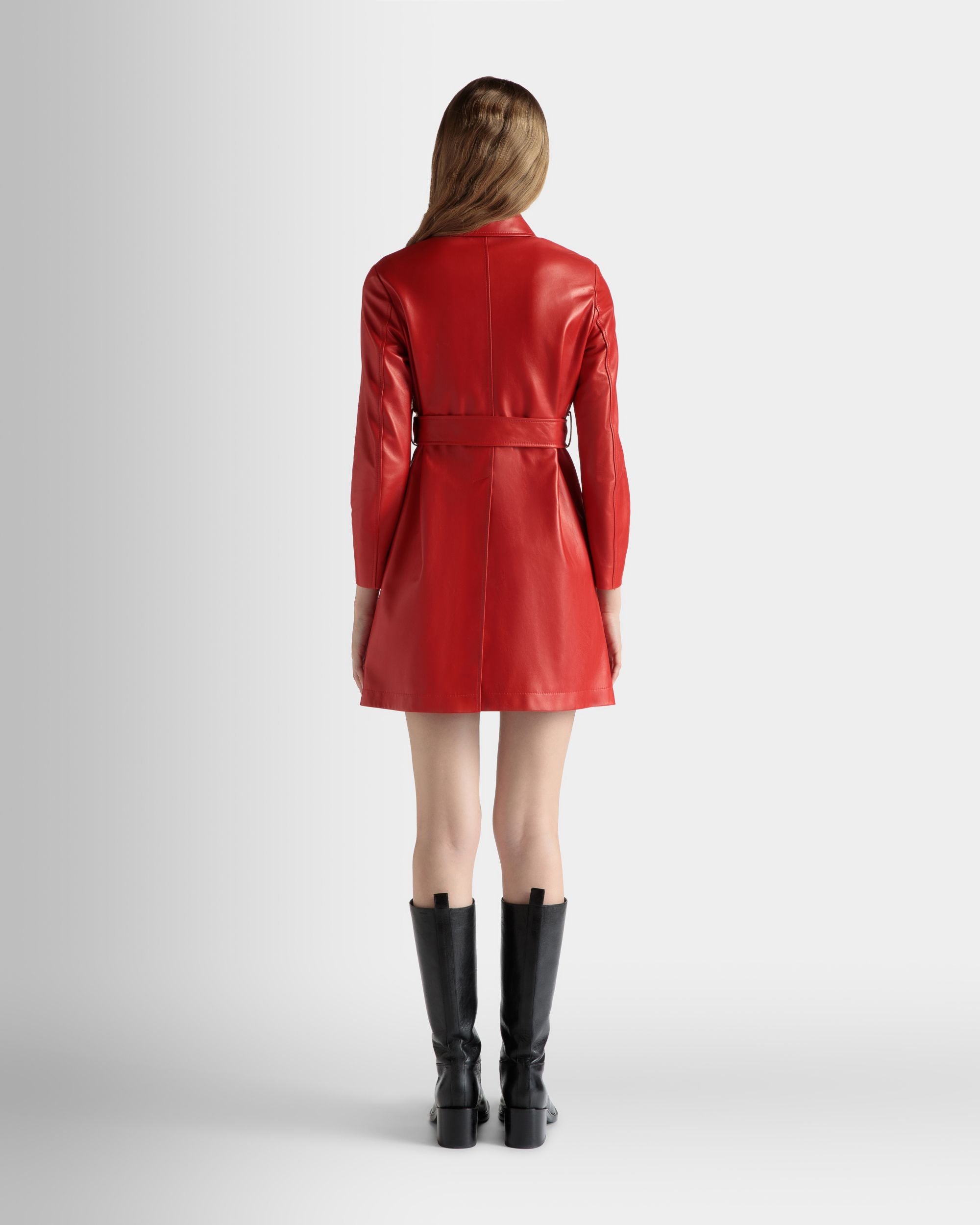Belted Midi Coat in Candy Red Leather - Women's - Bally - 06