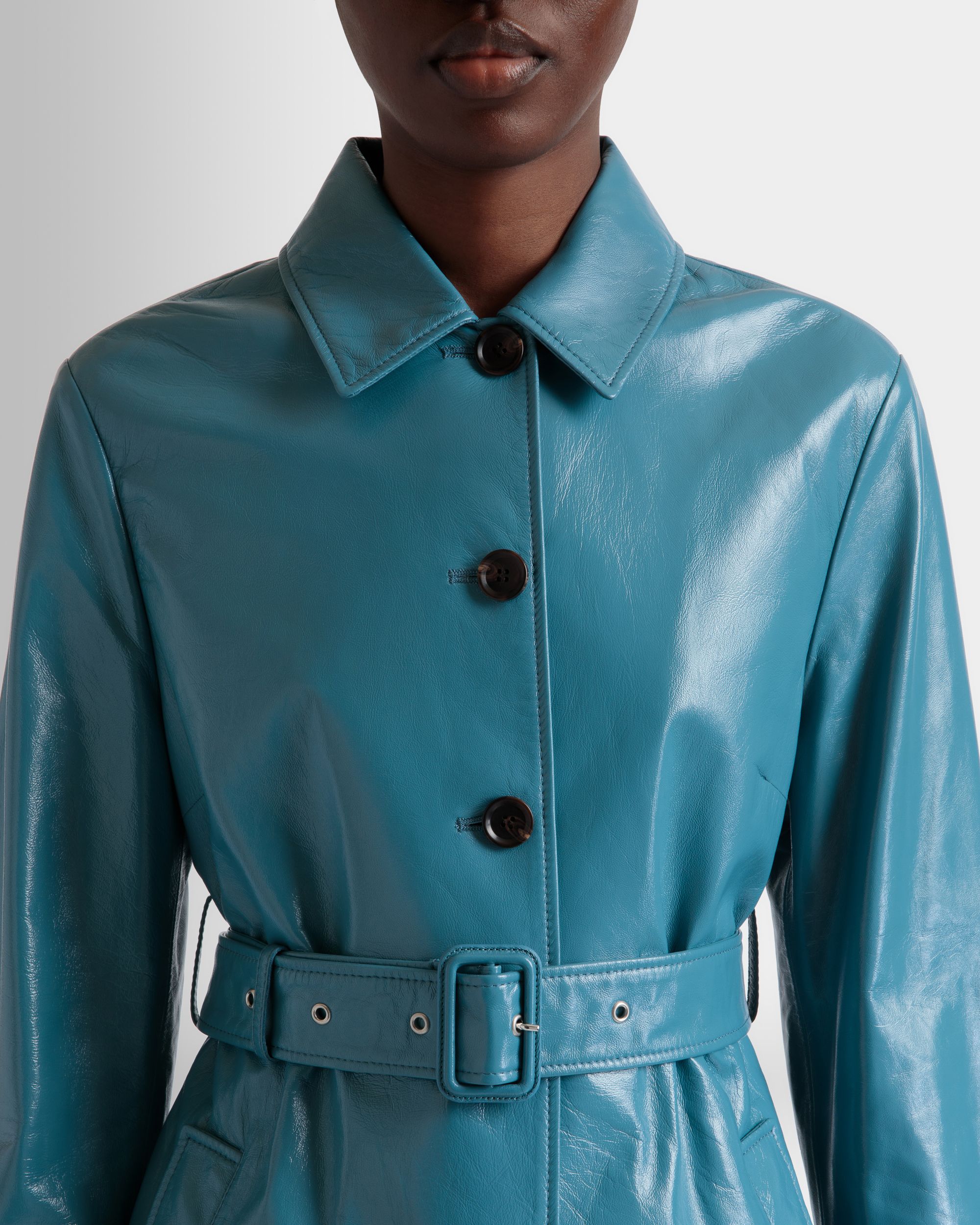 Abrigo Con Cinturón De Piel Medium Blue - Mujer - Bally - 03