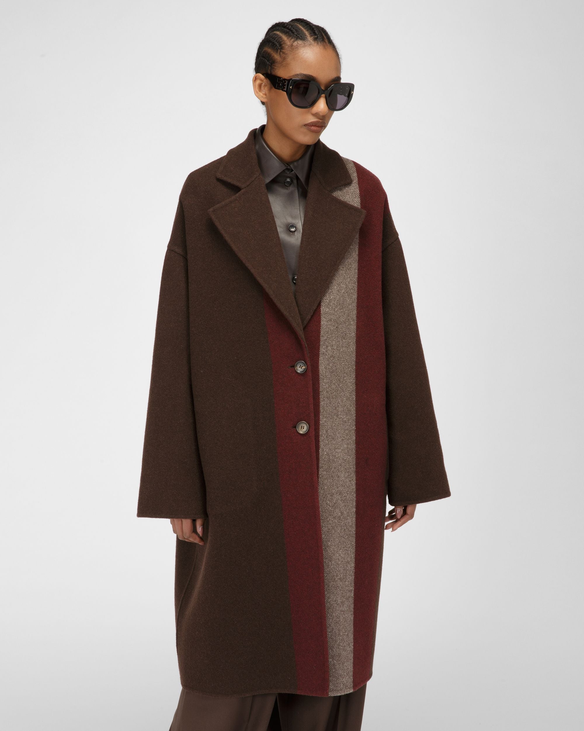 Wool Mix Coat In Ebony Brown - Women's - Bally - 01