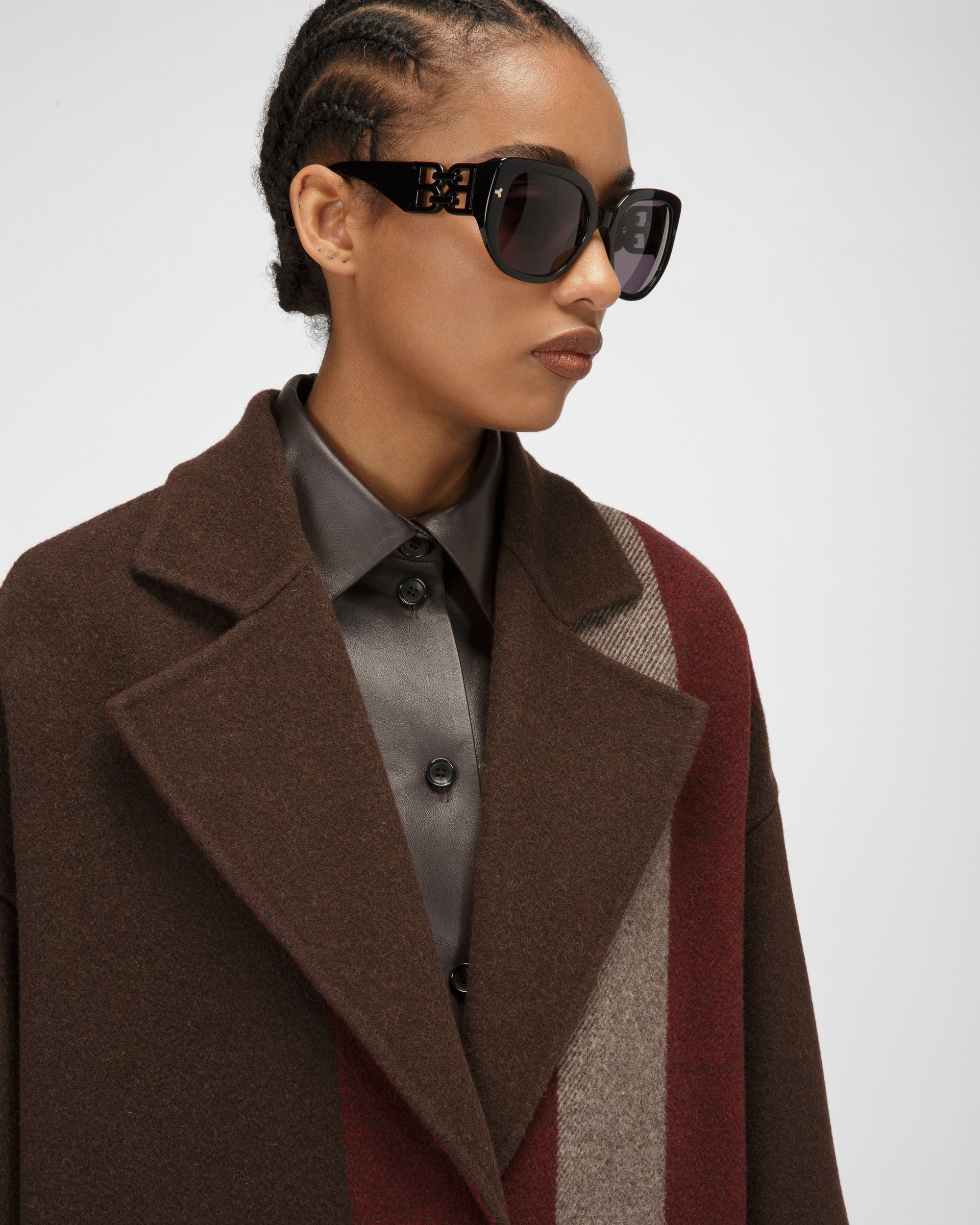 Wool Mix Coat In Ebony Brown - Women's - Bally - 02