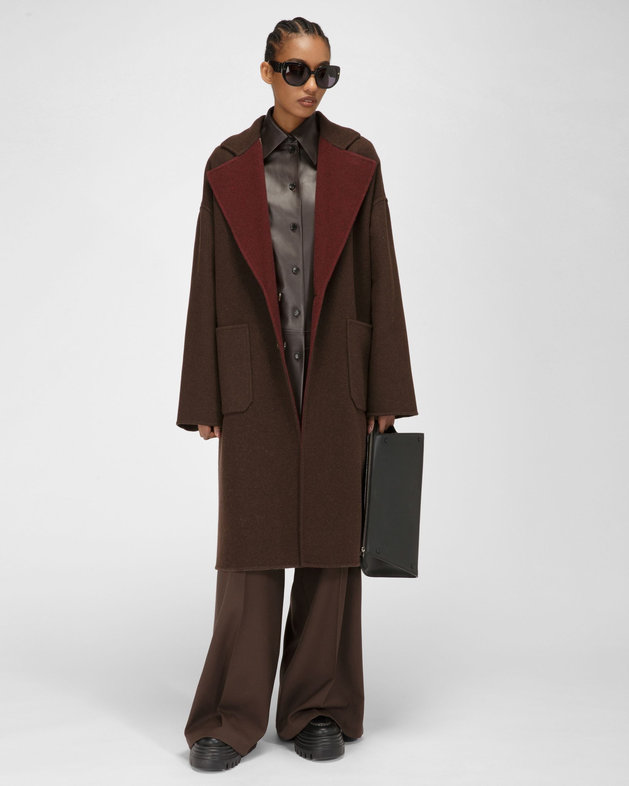 Wool Mix Coat In Ebony Brown - Women's - Bally - 05