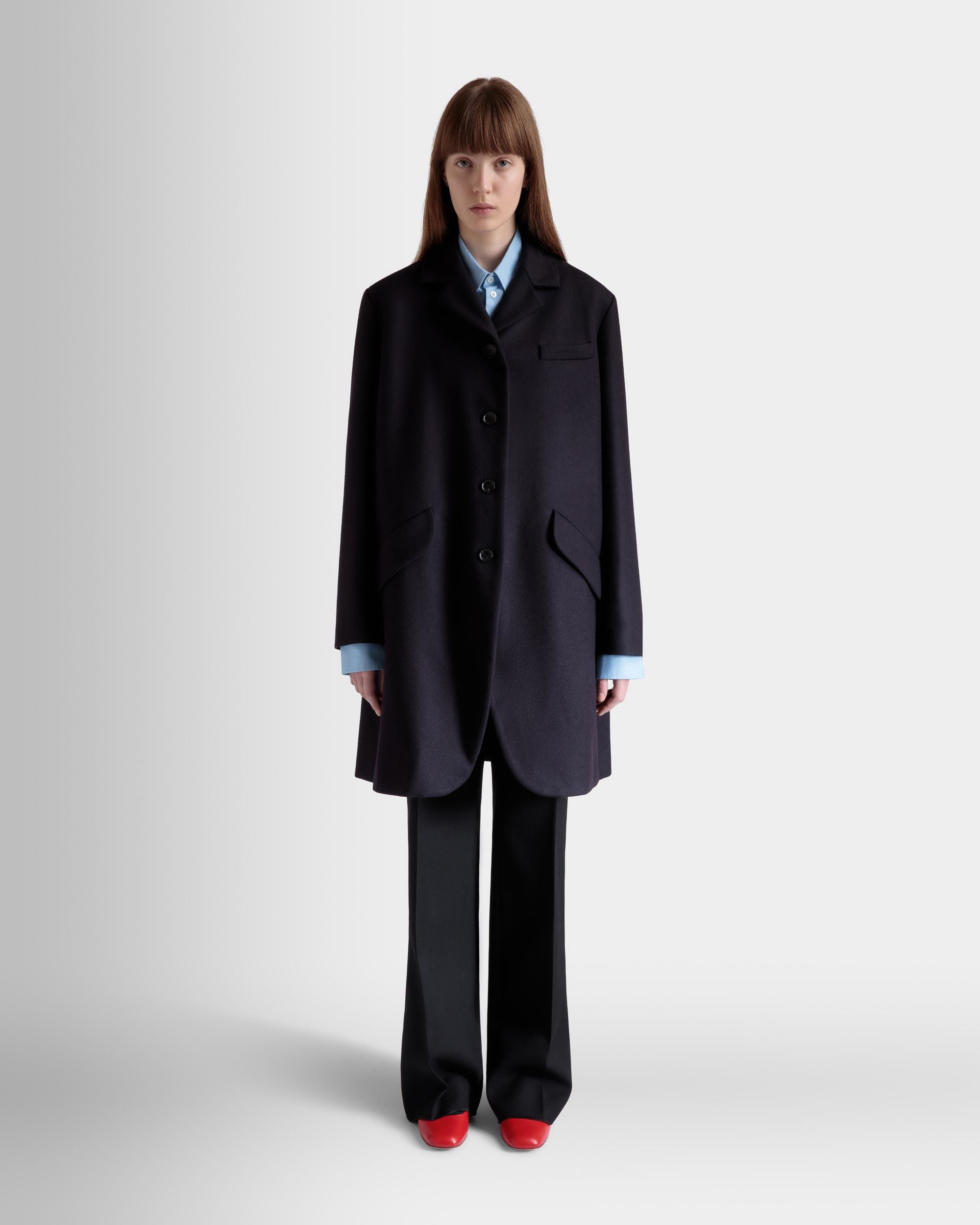 Einreihiger Midi-Mantel Aus Einer Wollmischung In Navy Blue - Damen - Bally - 02