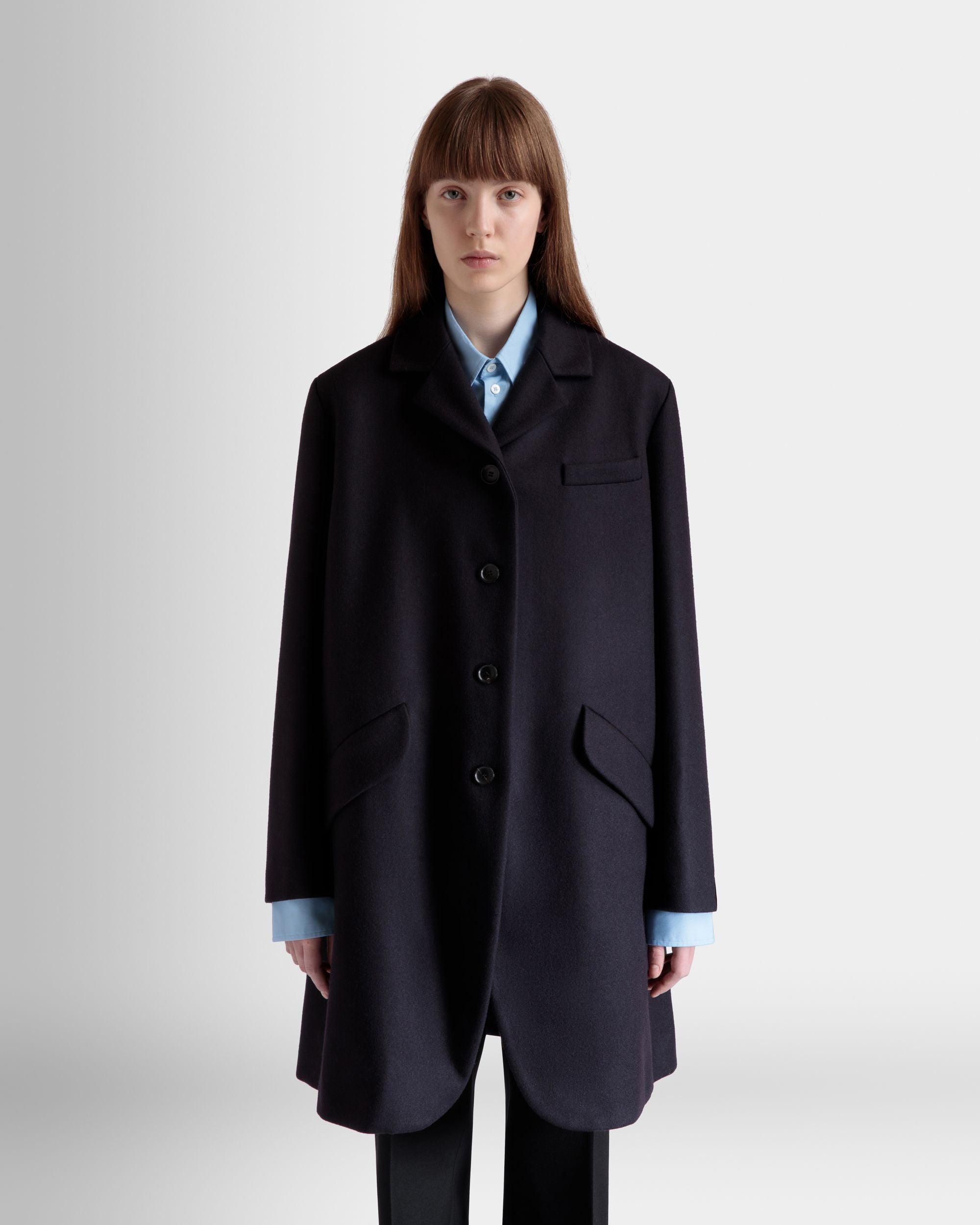 Einreihiger Midi-Mantel Aus Einer Wollmischung In Navy Blue - Damen - Bally - 03