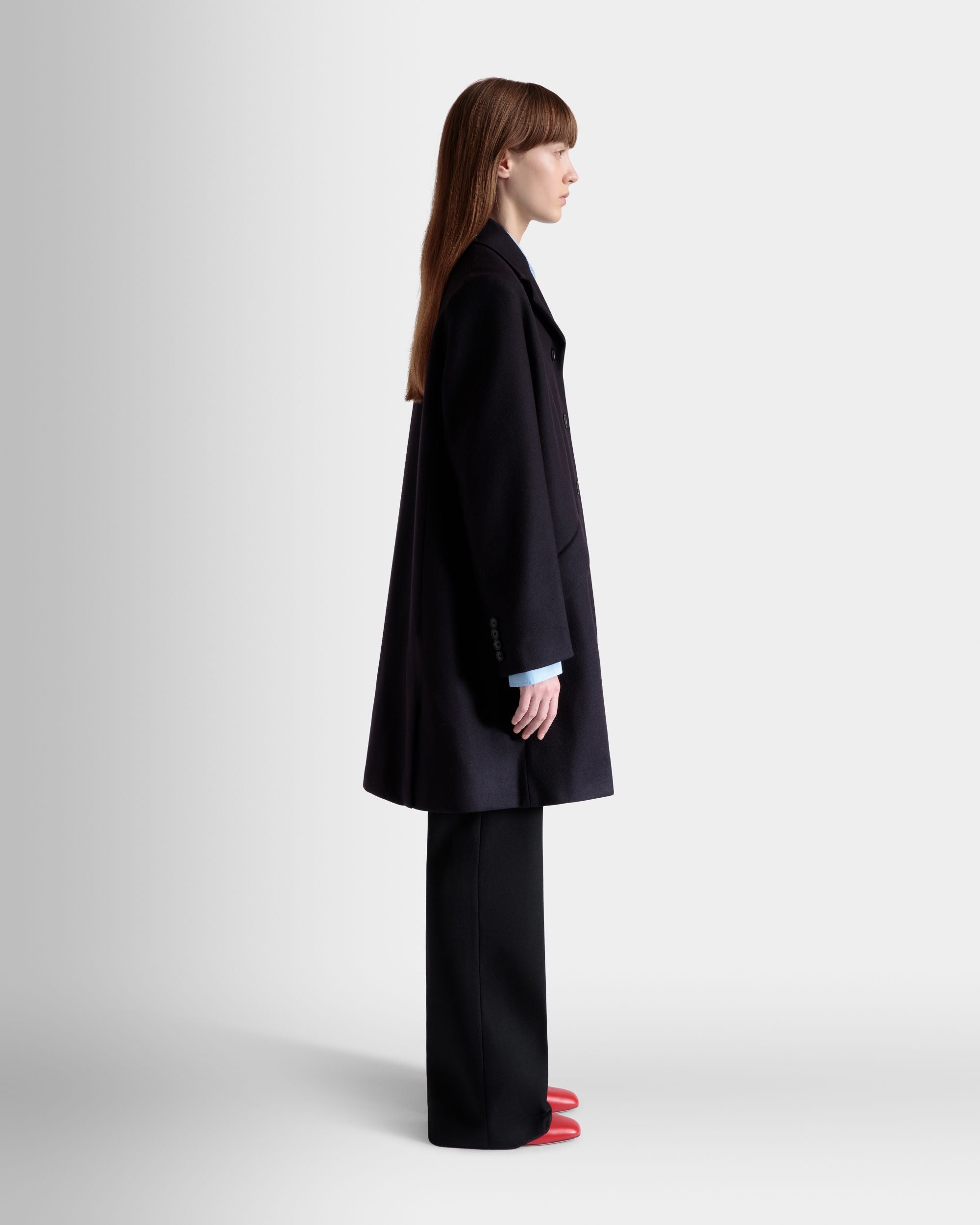 Einreihiger Midi-Mantel Aus Einer Wollmischung In Navy Blue - Damen - Bally - 06