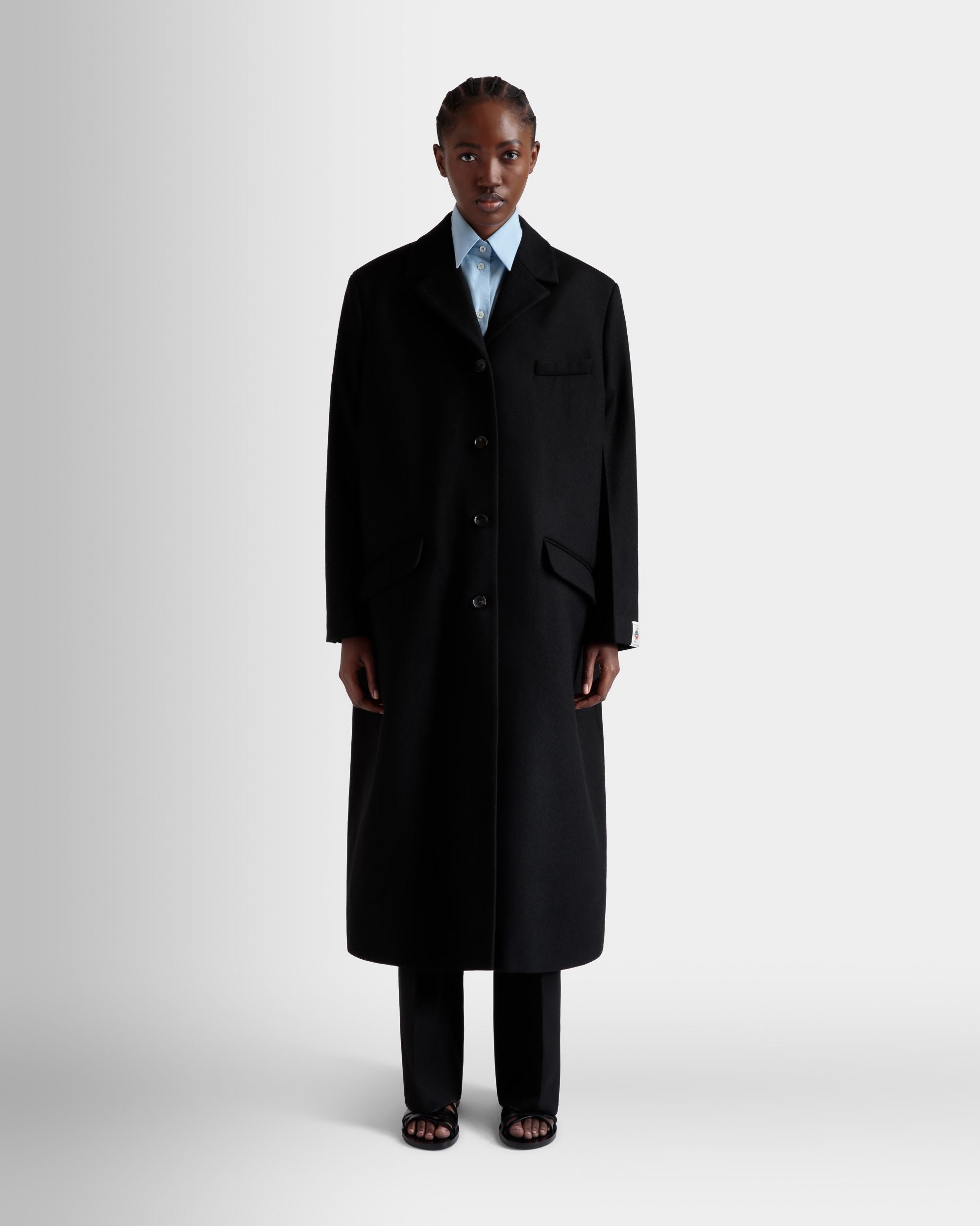 Manteau Droit En Laine Mélangée Noire - Femme - Bally - 02