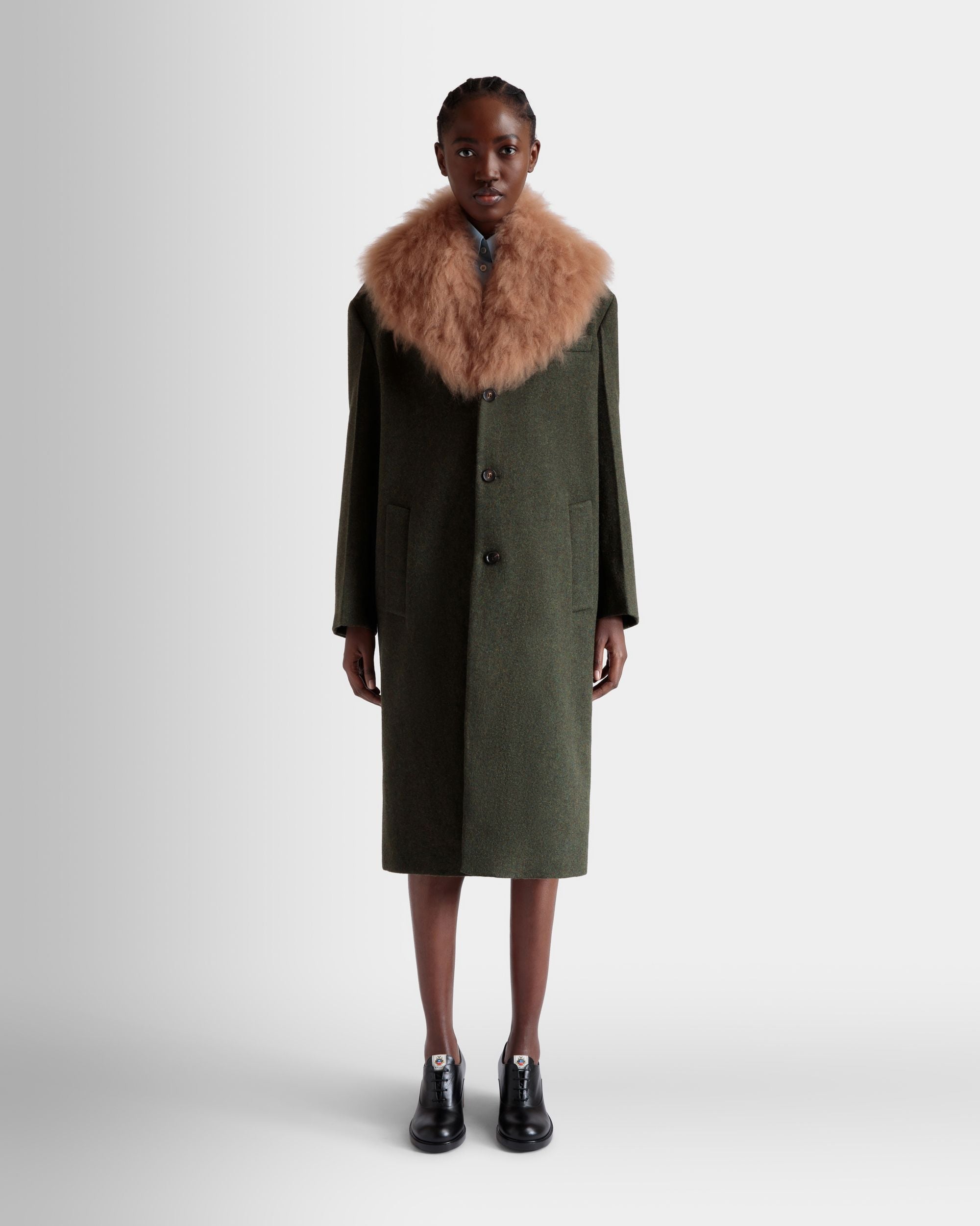 Single-Breasted Coat In Dark Green Wool - Mujer - Bally - 02