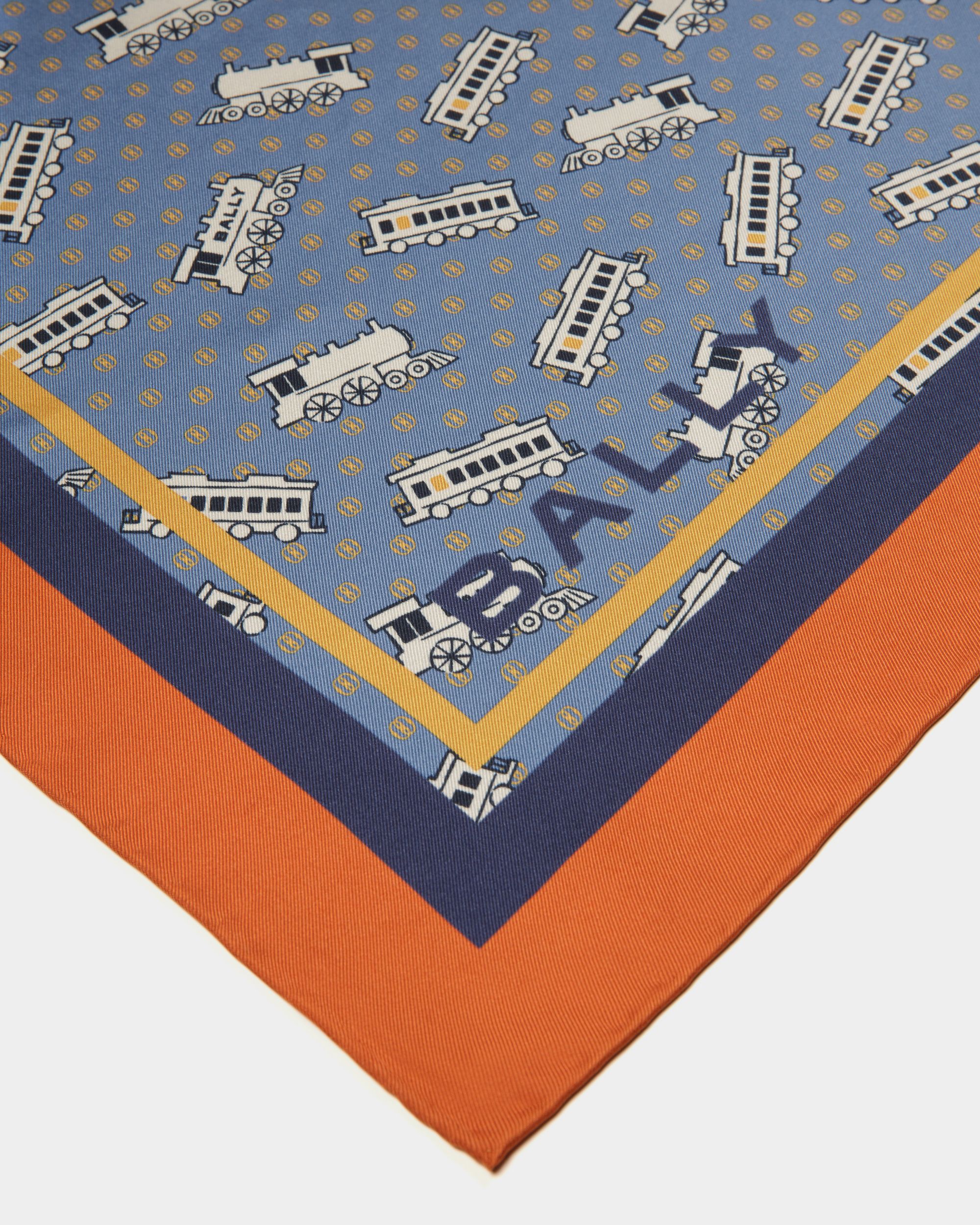 Train Print Square Scarf In Blue Silk - Women's - Bally - 02