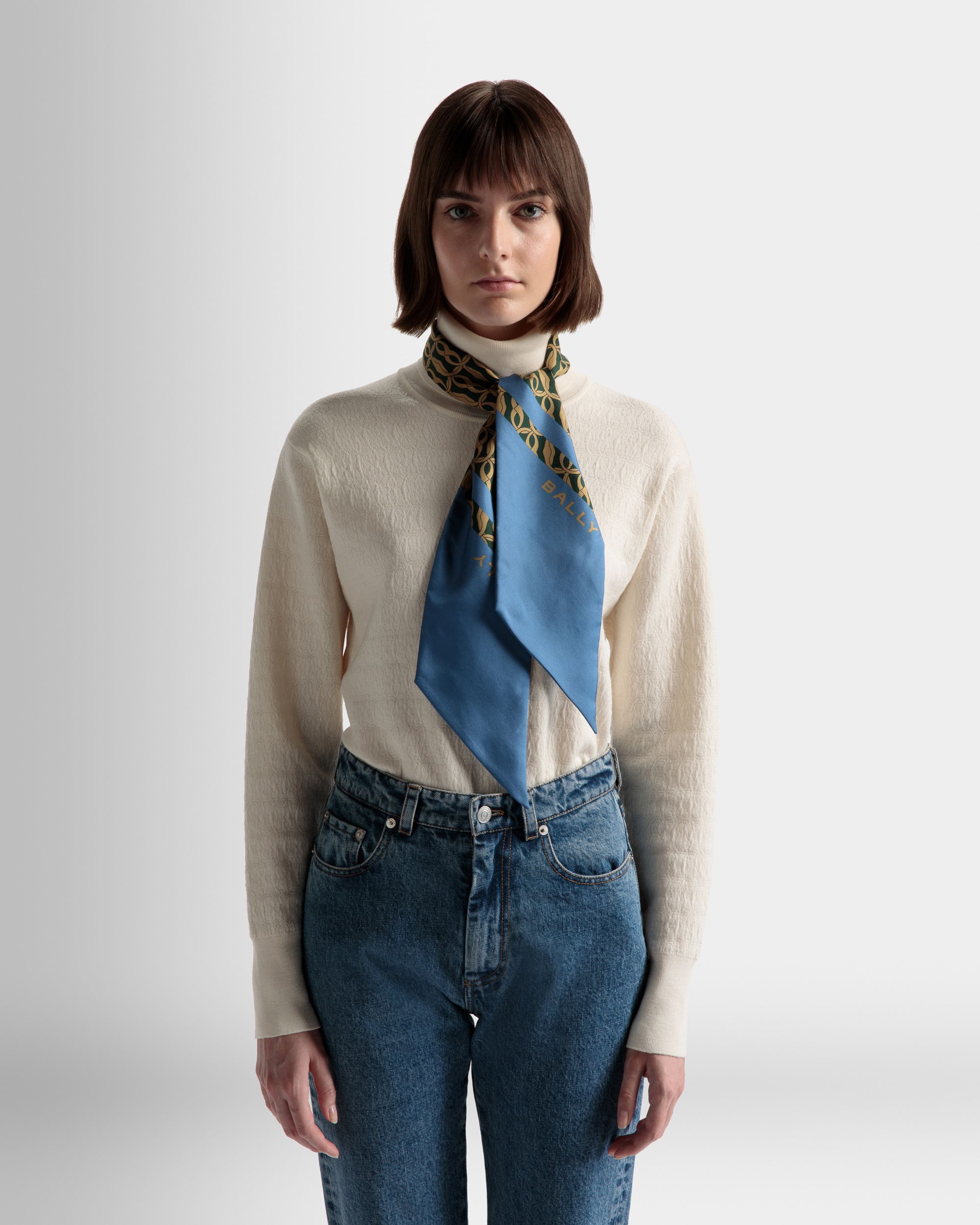 Emblem Print Twilly In Blue Silk - Women's - Bally - 02