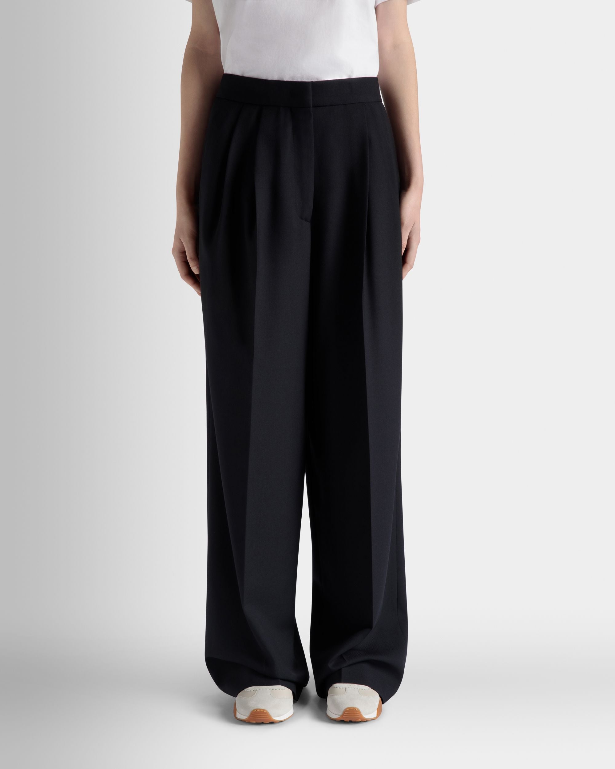 Pantalón De Pernera Ancha De Mezcla De Lana Navy Blue - Mujer - Bally - 03