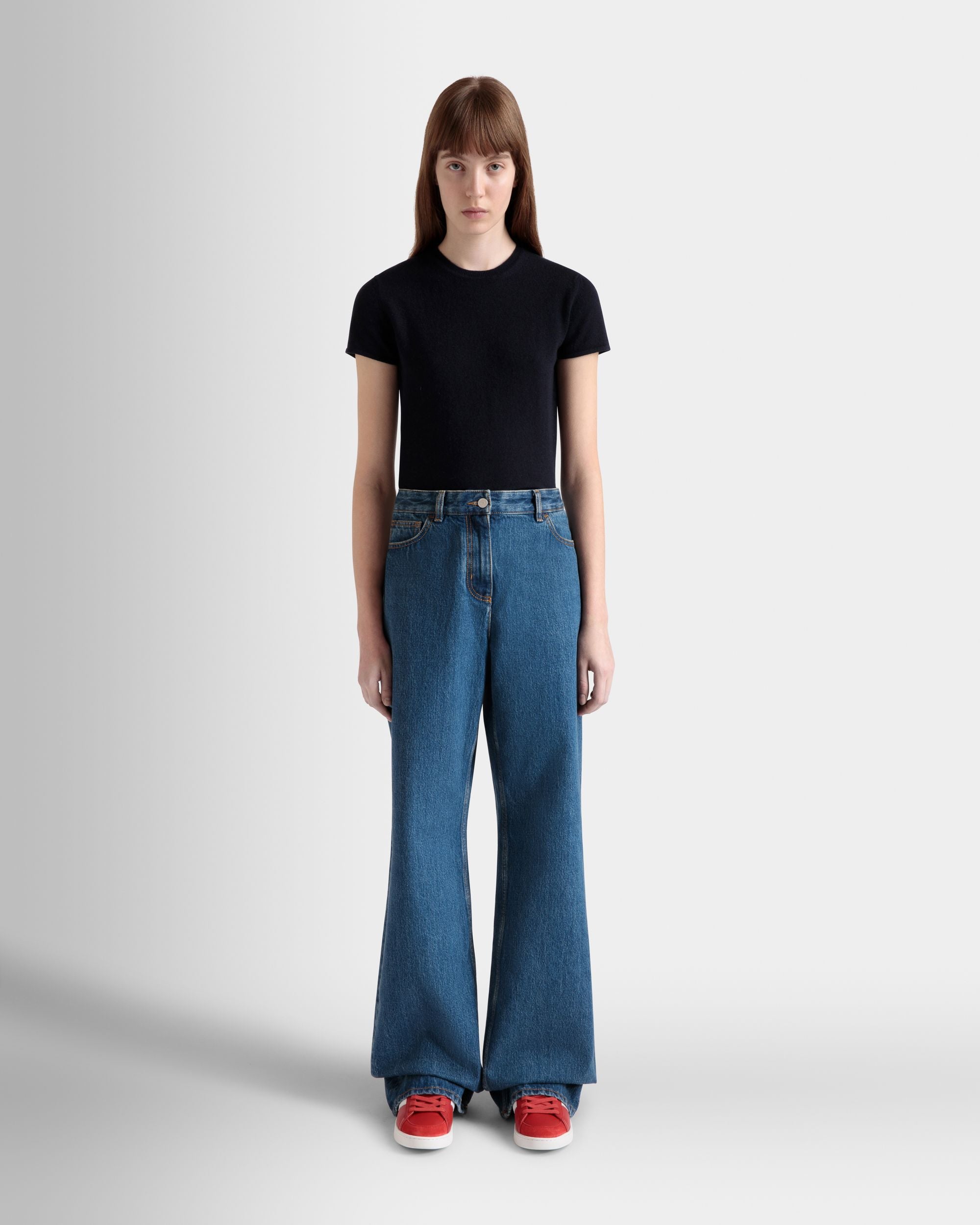 Pantalon En Denim À Jambe Large En Coton Medium Blue - Femme - Bally - 02