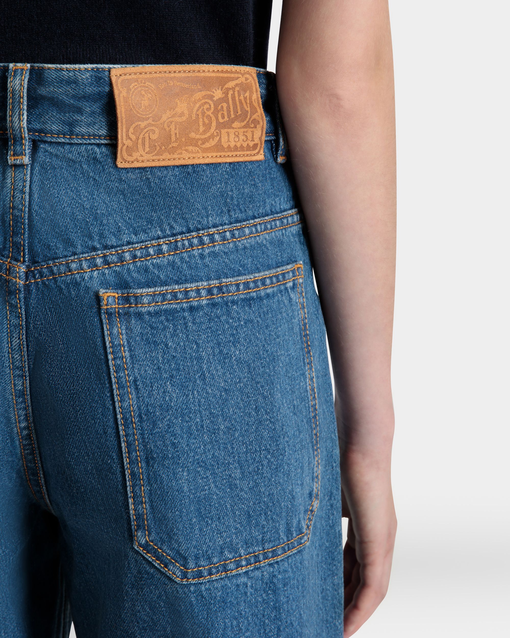 Pantalon En Denim À Jambe Large En Coton Medium Blue - Femme - Bally - 03